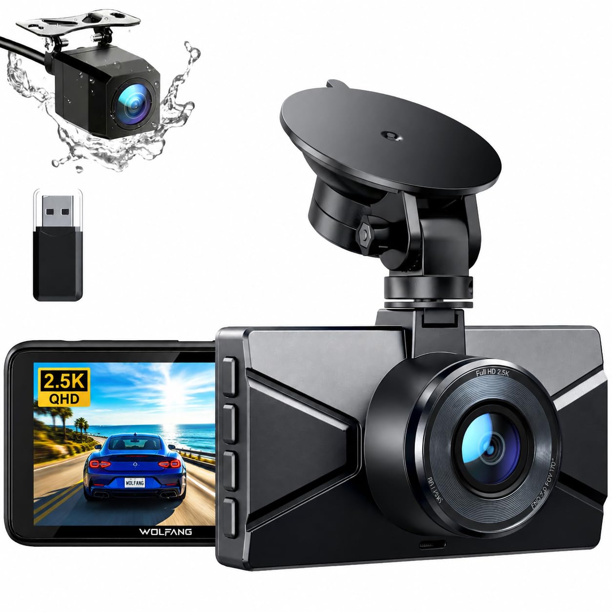 – WOLFANG Dash Cam Front and Rear 2.5K, 1440P Dashcam for Cars with 3.0" LCD Display, Super Night Vision, Loop Recording, G-Sensor, 170 Wide Angle WDR, 24H P... — Wolfang