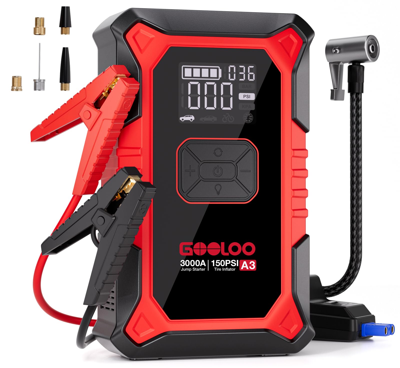 GOOLOO A3 12V 3000A Portable Jump Starter with Air Compressor | Supersafe Car Battery Booster Pack (9L Gas/6.5L Diesel) - BOOST for Dead Battery - 150 PSI Au... — Gooloo