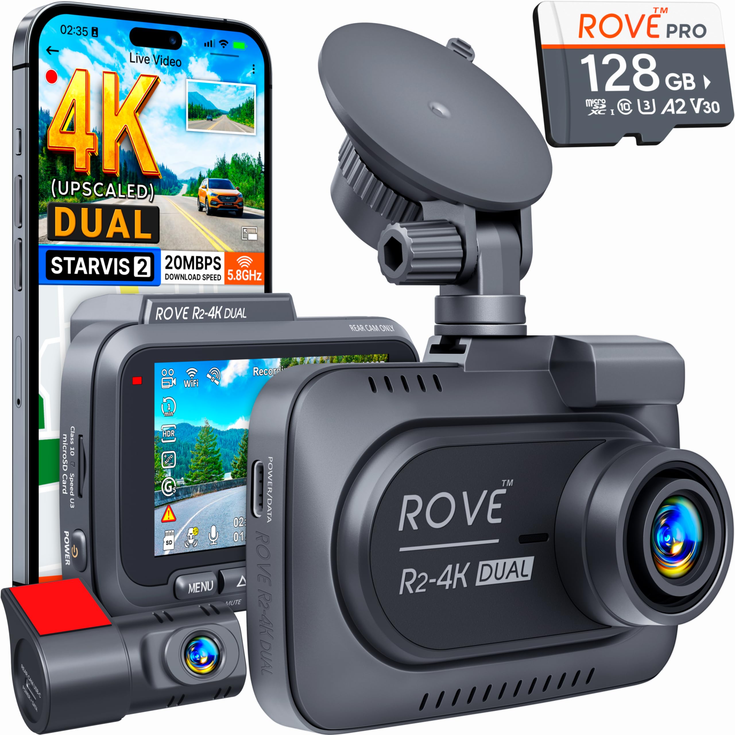 ROVE R2-4K Dual Dash Cam Front and Rear, STARVIS 2 Sensor, Free 128GB Card | 4K Upscaled Front + FHD Rear Recording, 5.8GHz WiFi, 20MB/s Download Speed, App,... — Rove
