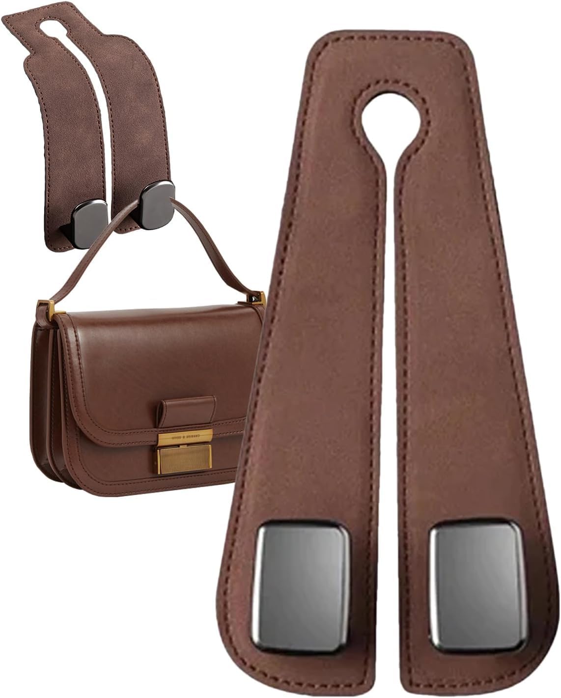 Leather Car Seat Headrest Hook for Bags & Clothes - Car Seat Back Storage Hook with Double Hooks - Organizer Holder for Umbrellas, Purses & More