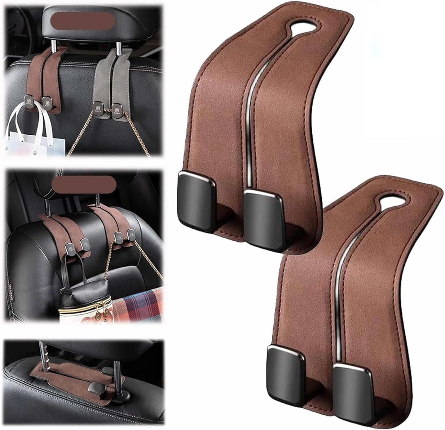 Car Seat Back Double Hooks, Leather Car Seat Headrest Double Hooks and Mobile Phone Holder, Automotive Seat Back Organizers Mobile Phone Support Car Headrest... — Drozip