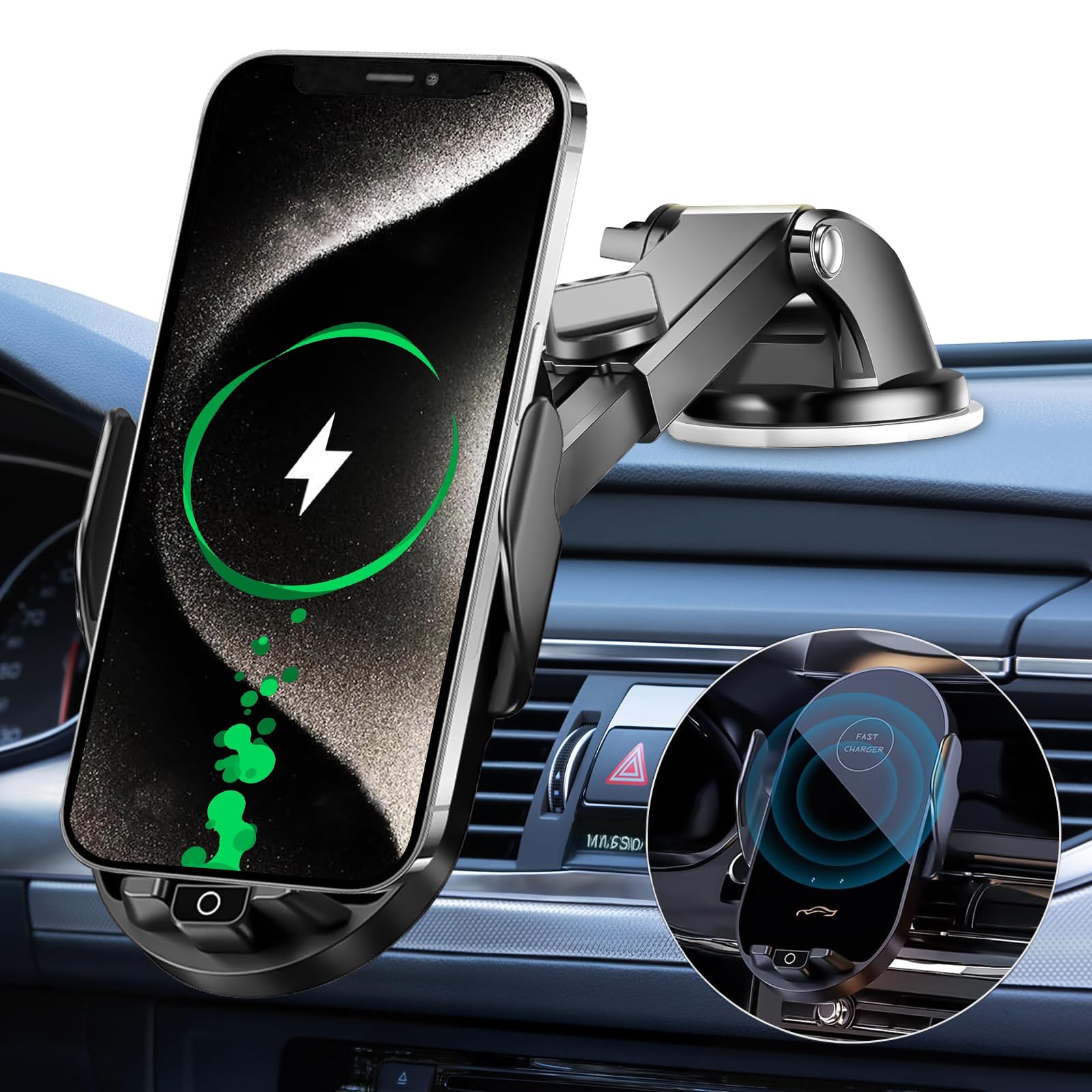 BRJR スマホホルダー 車 スマホスタンド 車【秒で直接充電·360°自由調整·安定性拔群】 15W 急速 自動開閉 車載スマホホルダー ワイヤレス充電 した品質保証 粘着式＆吹き出し口両用 片手操作 取付簡単 iPhone & Android多機種と多車種が対応 日本語説明書付き