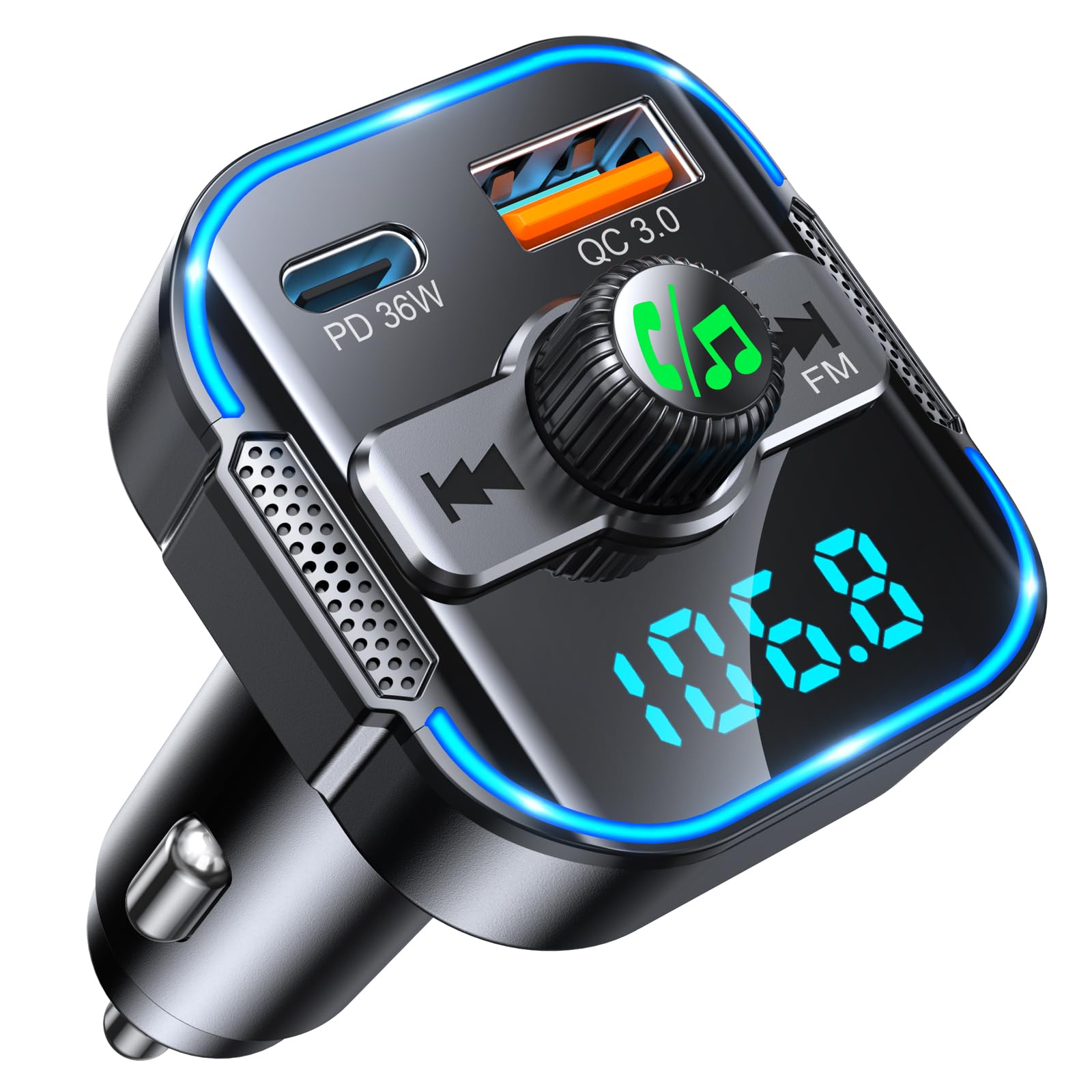 Glangeh 2026 Upgraded Bluetooth 5.3 Car Adapter【PD 36W+QC3.0 18W】 | 2-in-1 Bluetooth FM Transmitter【Dual Stronger Mics】& Fast Car Charger, Wireless Car Radio... — Glangeh