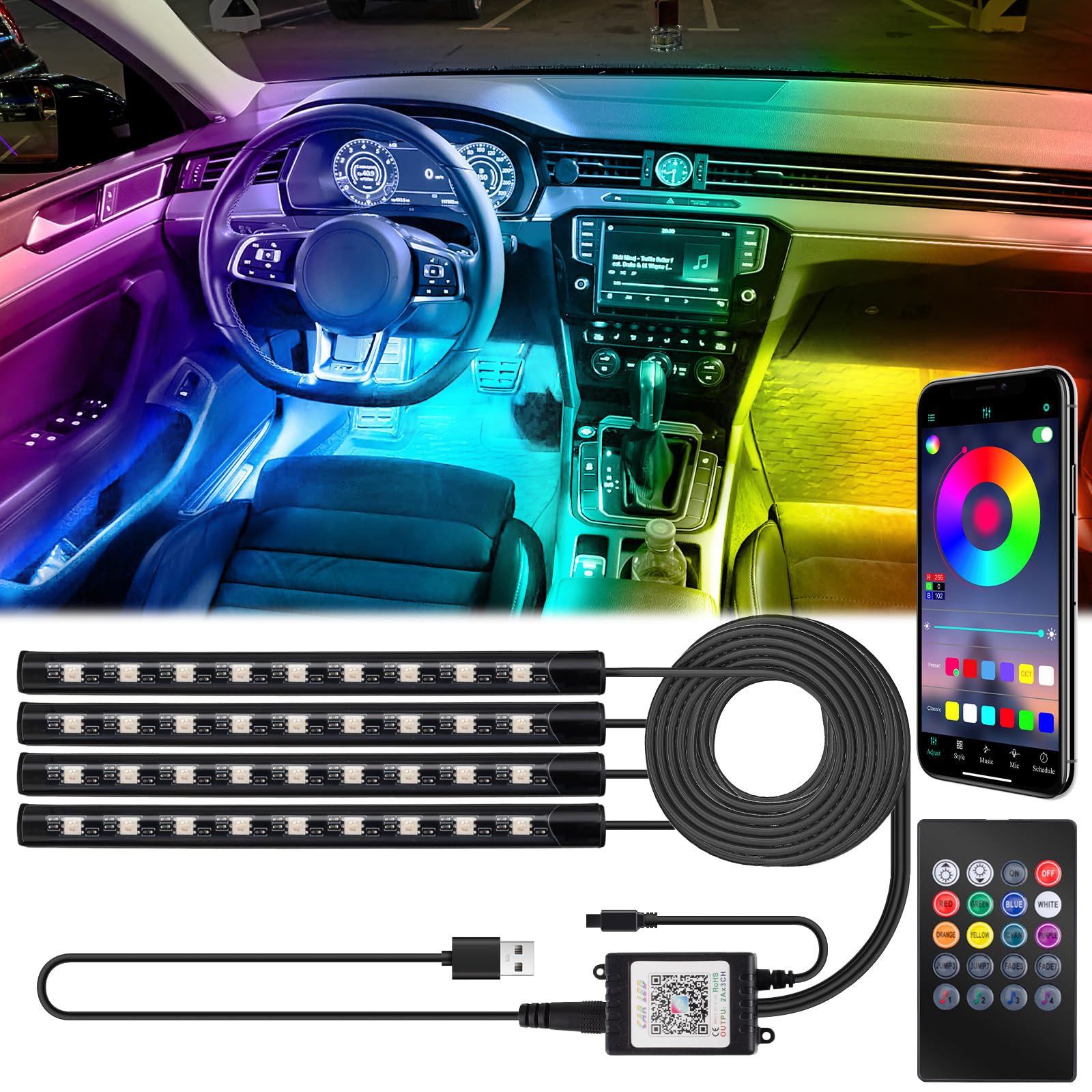 BFXM Car Interior Lights, LED Lights Strip with USB Adapter Car Accessories | LED Lights for Car, Car Ambient Lighting, App & Remote Control Music Sync Color... — Bfxm