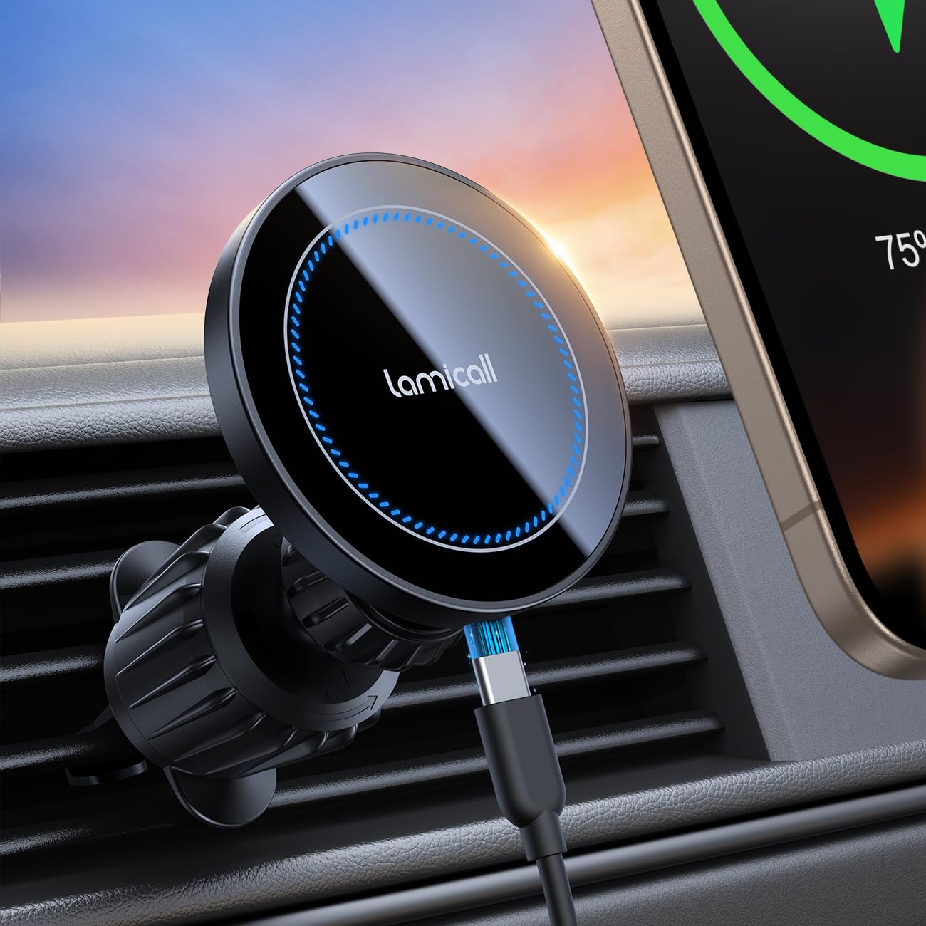 Lamicall for Magsafe Car Mount Charger - [15W Top Charging] Magnetic Wireless Car Charger with 20x N52 Magnets, Hands Free Air Vent Phone Holder Cradle for i... — Lamicall