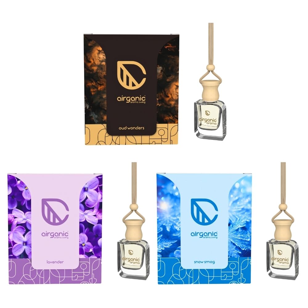 AIRGANIC Aroma Swing - Pack of 3 (30 ml): Oud Wonders, Lavender & Snow Smog | Aroma with Essential Oils in Glass Bottle with Wooden Diffuser Lid | Hanging Ca... — Airganic