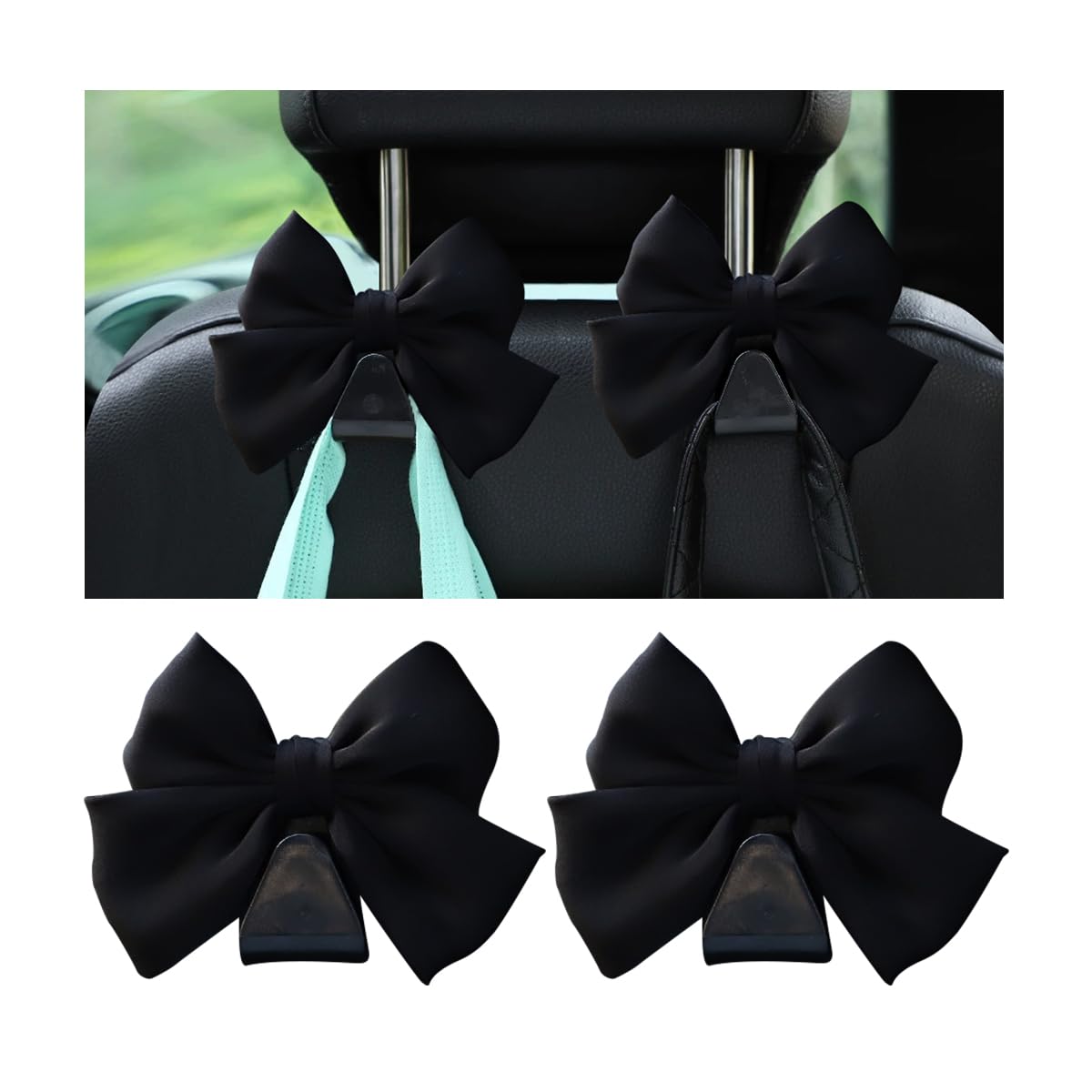 Mandark 2PCS Bow Car Headrest Hooks for Bags, Black Line | PVC construction, clip-on installation keeps items off the floor, fits most cars, SUVs, and trucks... — Mandark