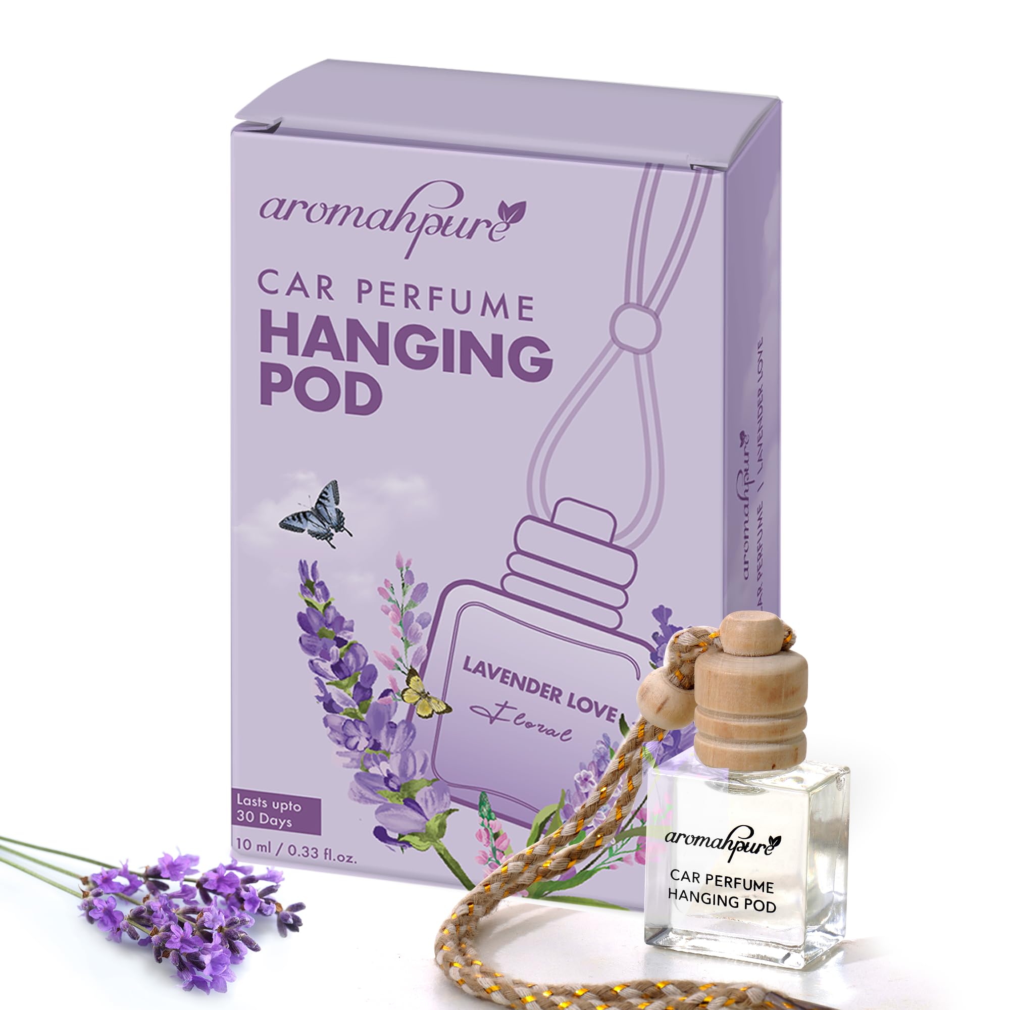 Aromahpure Premium Car Perfume Hanging Pod |10 ML |French Lavender Fragrance Car Air Freshener |Natural Fragrance Oils in Glass Bottle with Wooden Diffuser L... — Aromahpure