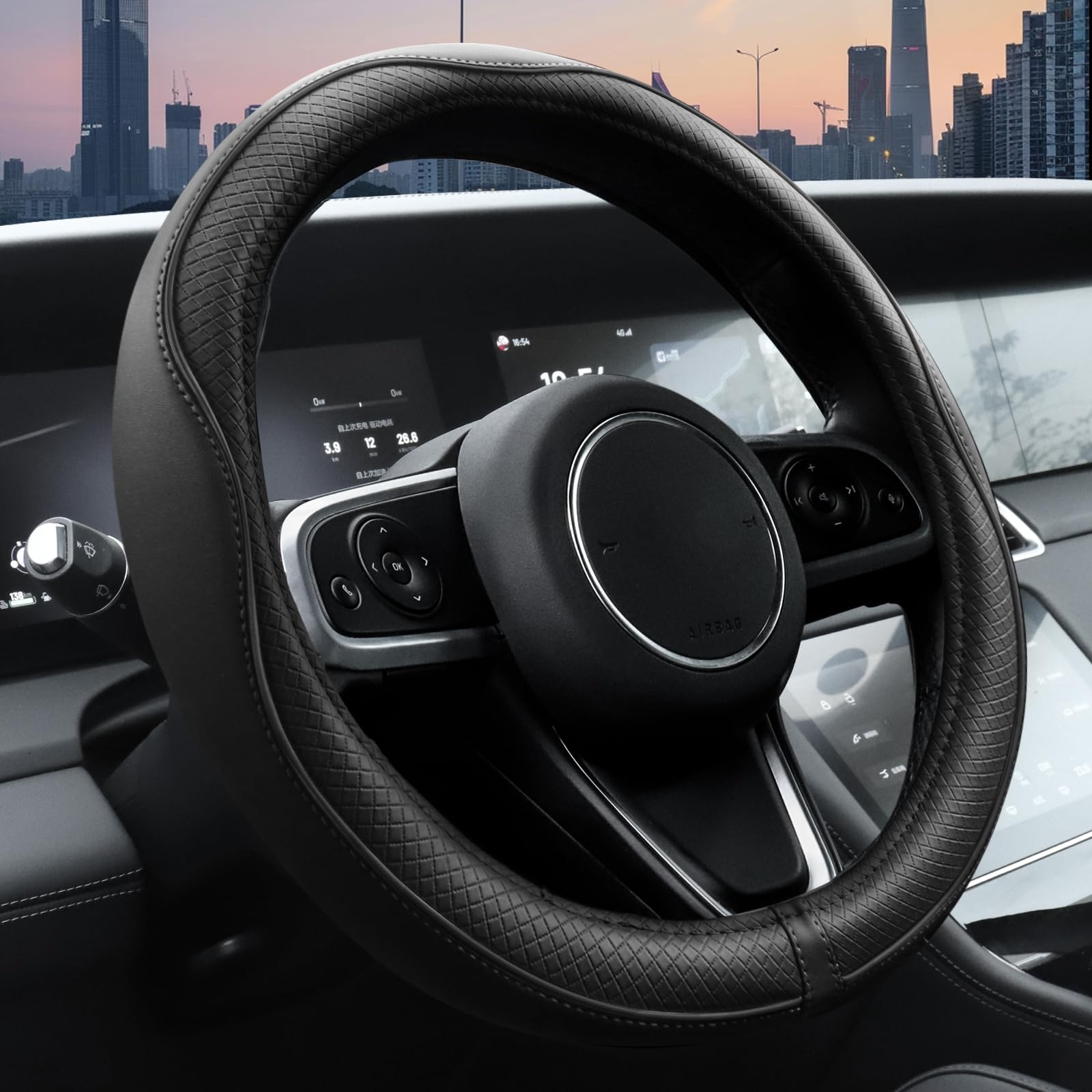 Ouzorp Car Steering Wheel Cover, Microfiber Leather Steering Wheel Covers with Anti-Slip Lining, Universal 14.5-15 inchs Black — Ouzorp