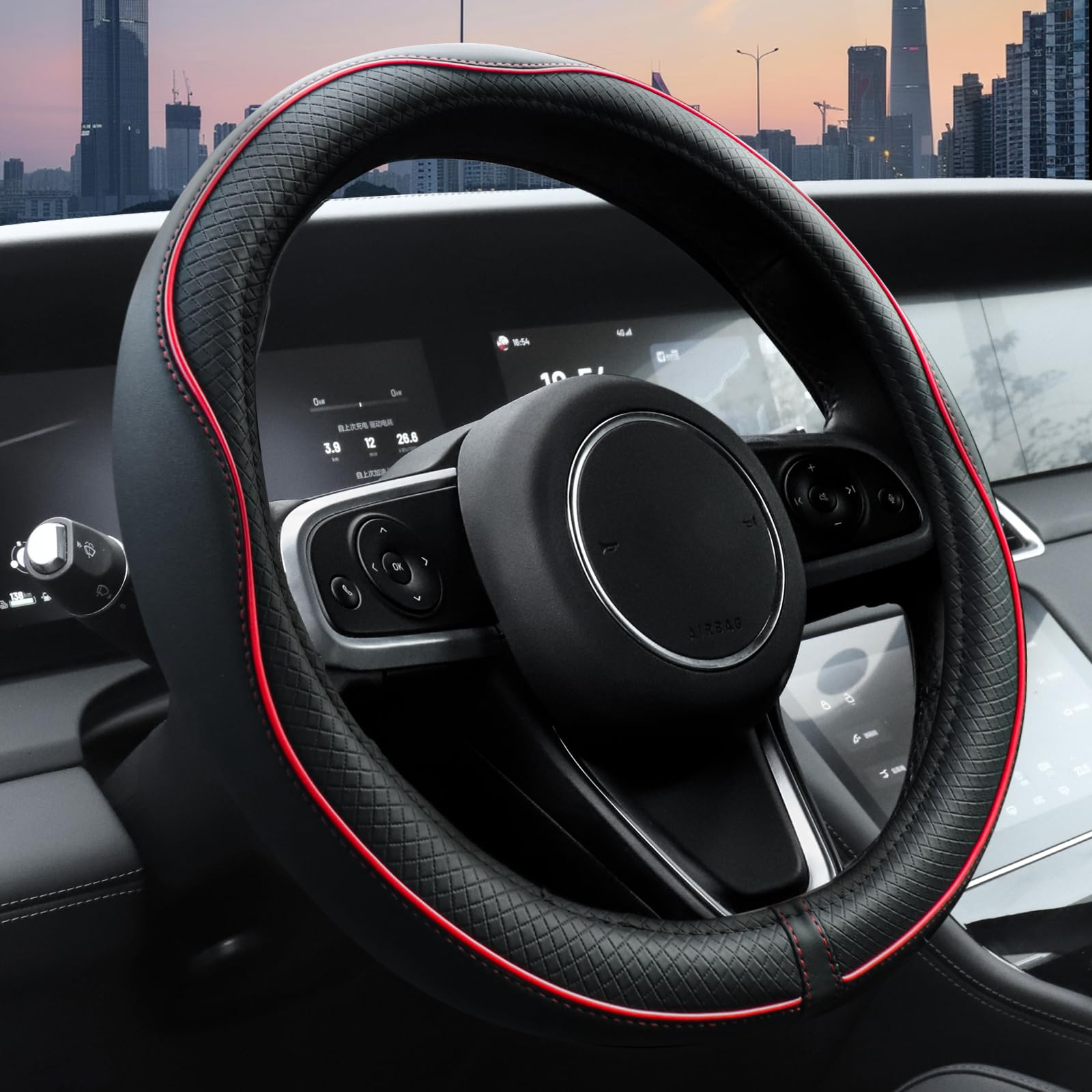 Ouzorp Car Steering Wheel Cover, Microfiber Leather Steering Wheel Covers with Anti-Slip Lining, Universal 14.5-15 inchs Black with Red line — Ouzorp