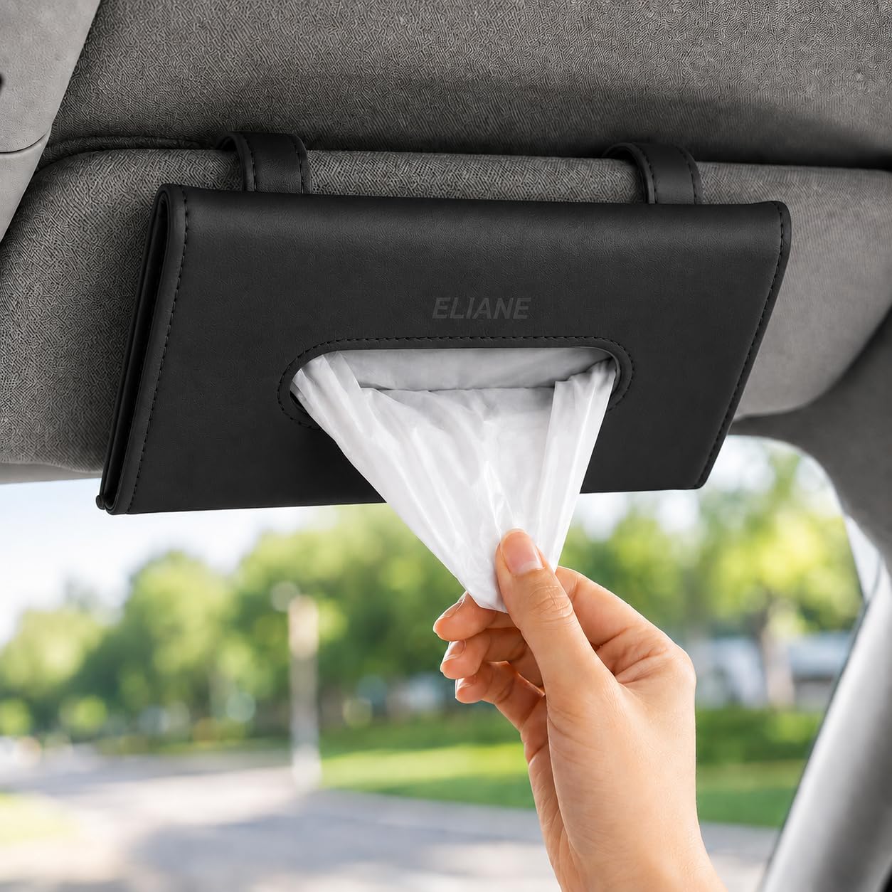Eliane Car Tissue Holder Sun Visor Napkin for Upgraded Version Hanging Premium PU Leather Universal Auto Easy Use Mask Dispenser Box with Refill (Black, 1 Pcs) — Eliane
