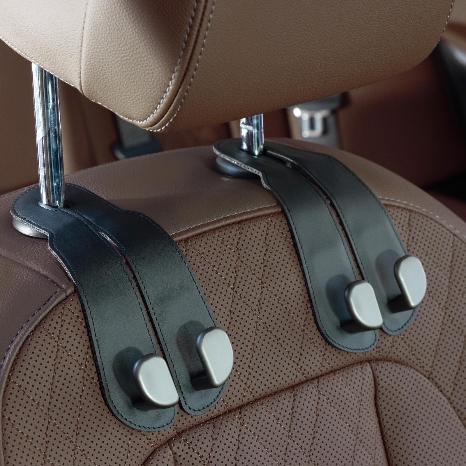 CoBak Purse Hook for Car - Universal Premium Stitched Leather and Aluminum-Magnesium Alloy Double Car Seat Back Storage Hook for Purses, Handbags, Bags (2 Pa... — Cobak