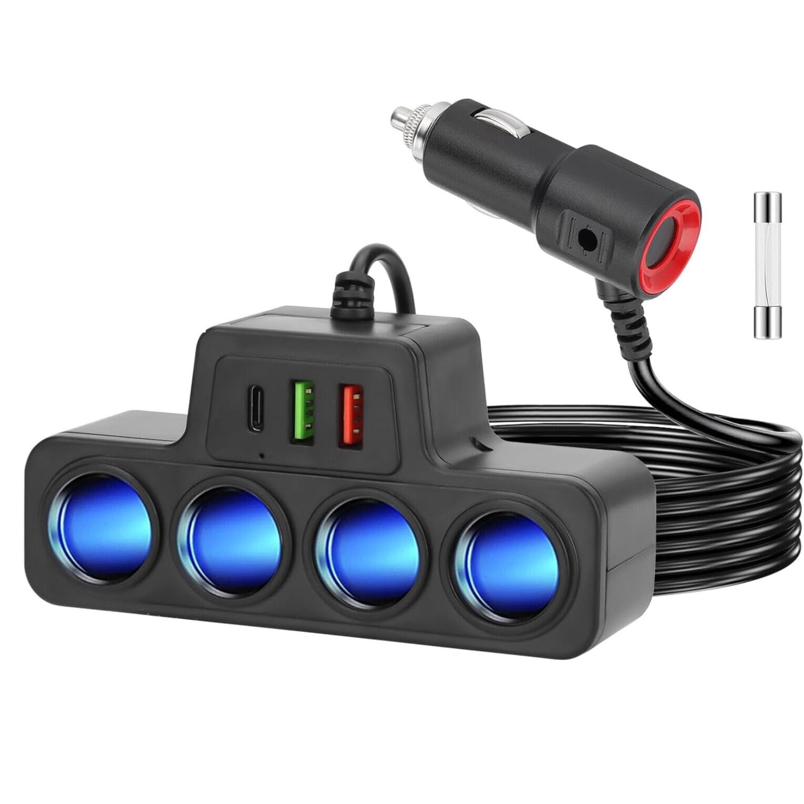 7-in-1 車載充電器 120W シガー4連+USB3連(QC3.0+USB3.1+PD3.1) | 7台同時充電；12V/24V車載機器・携帯・PC・タブレット対応