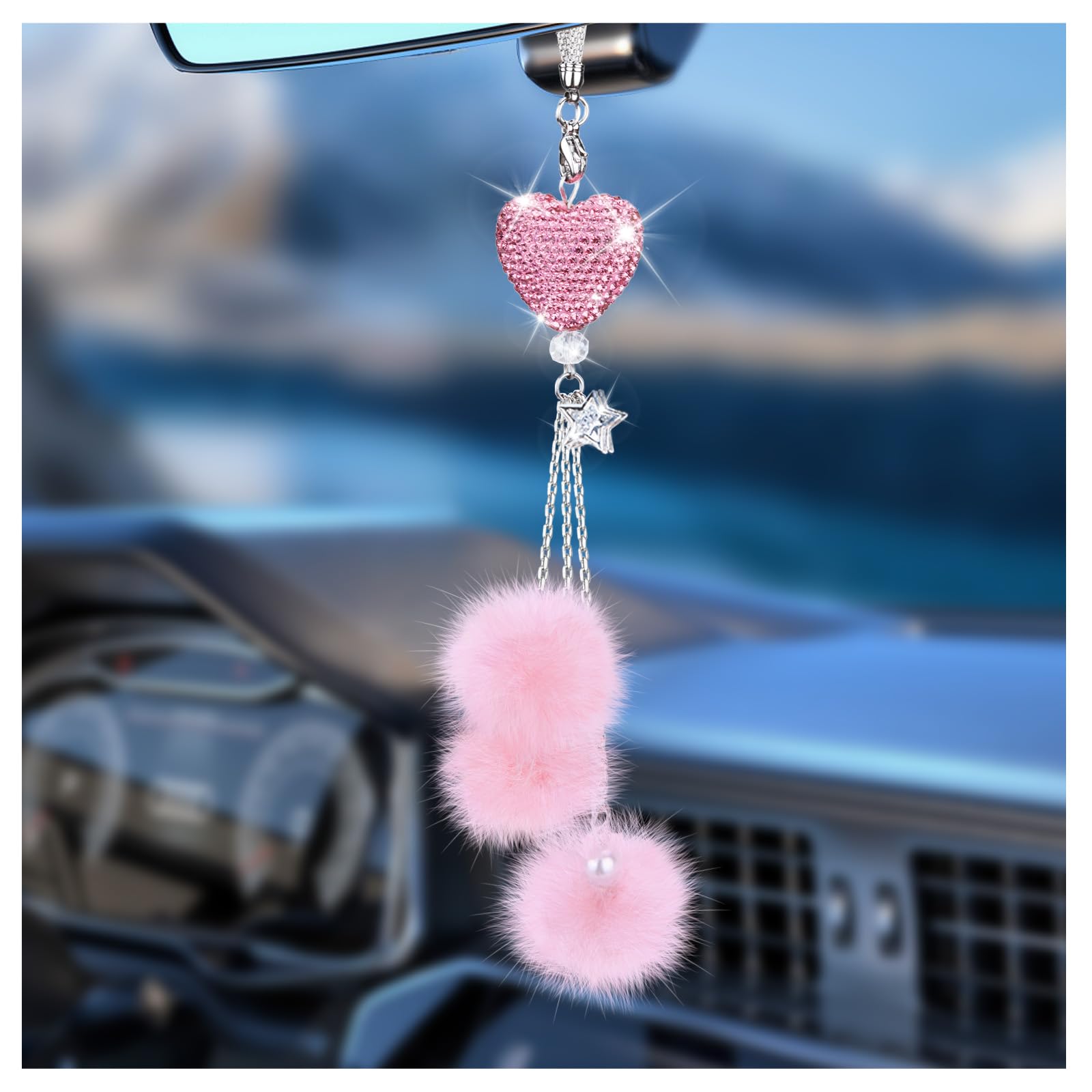 Bling Car Hanging Ornament, Bling Car Mirror Hanging Accessories for Women | Diamond Heart and Fuzzy Plush Ball, Car Accessories, Rear View Mirror Hanging Ch... — Ecocstm
