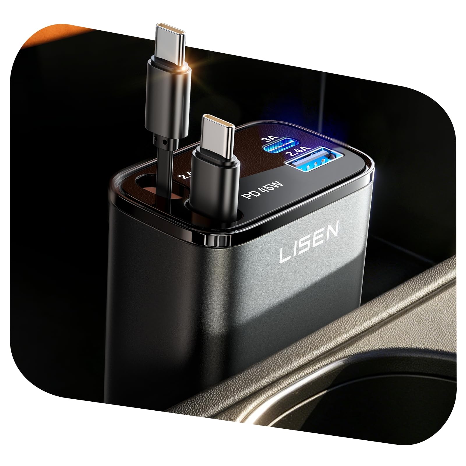 LISEN 84W Retractable Car Phone Charger USB C Cable (2×80cm) Cigarette Lighter Charger 12/24V Car USB Adapter Socket Travel Essentials Car Interior Accessori... — Lisen