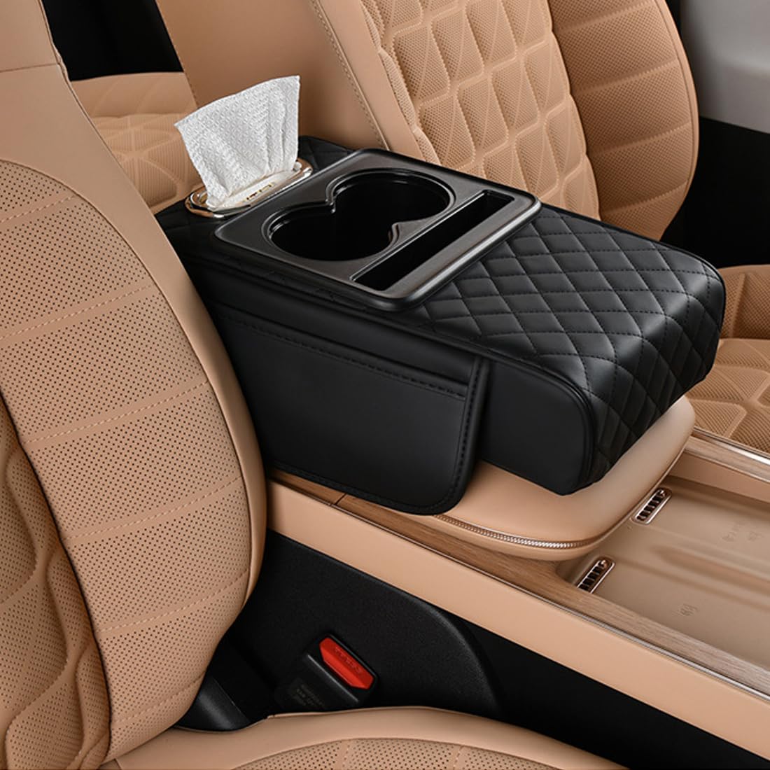 Car Armrest Cushion,5-in-1 Center Console Cover with 2 Storage Bags Cup Holder, Tissue Box Slot, Phone Slot for Sedans, Car Accessories Interior Organizers (...