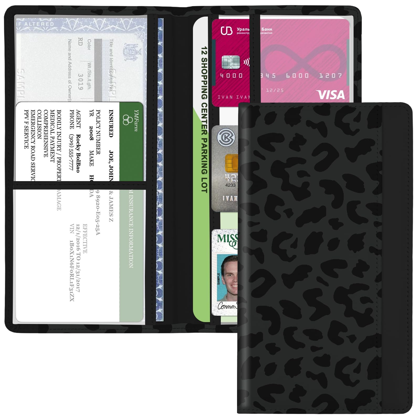 Car Registration and Insurance Holder, with Magnetic Closure for License, Cards and Documents, All Vehicle Needs and Car Accessories (Leopard-Black) — Kakurookie