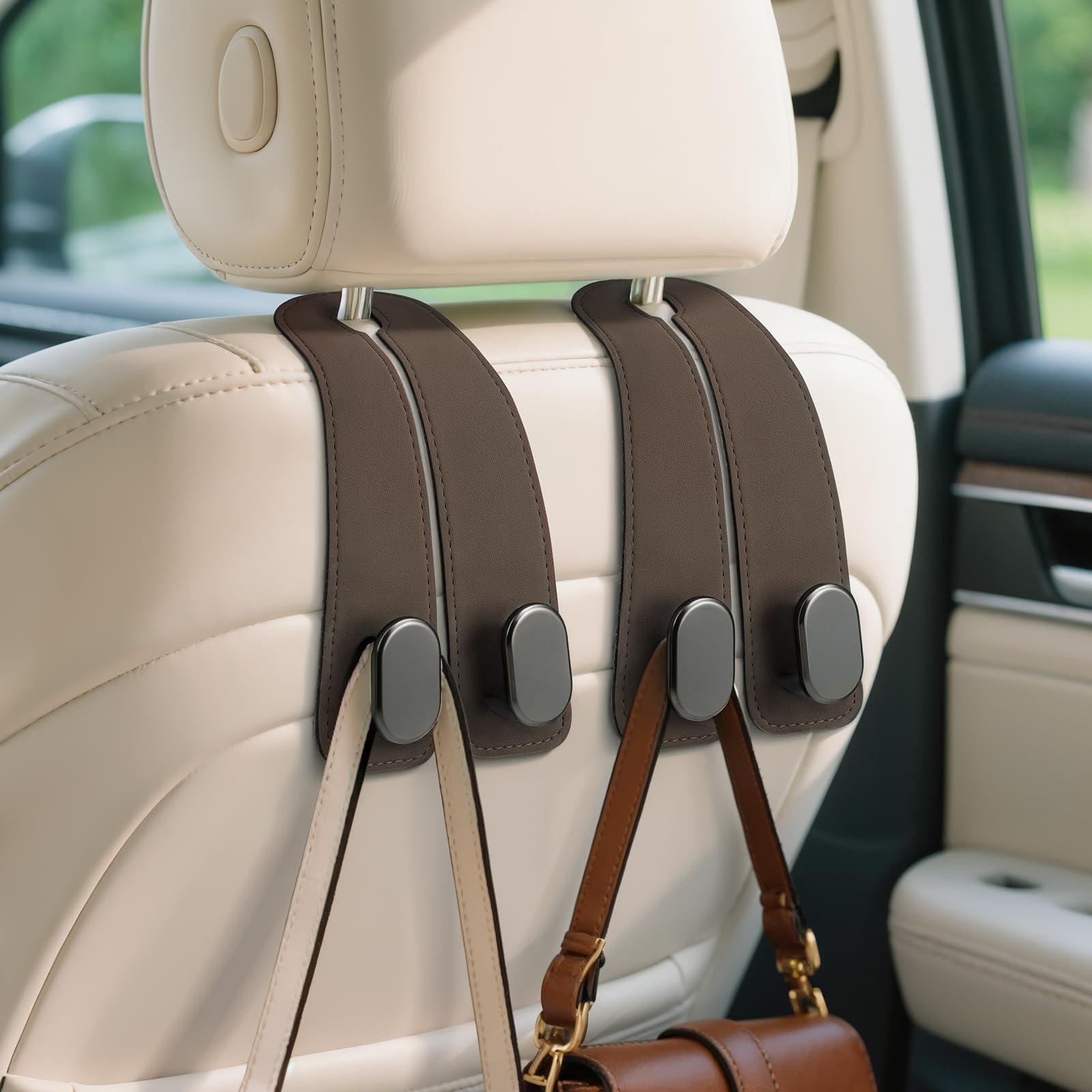 Car Seat Headrest Hooks - 2 Pack Leather Car Purse Hook, Car Purse Bag Holder Car Hanger with Double Metal Hooks for Handbags, Grocery Bags, Bottles, Phones