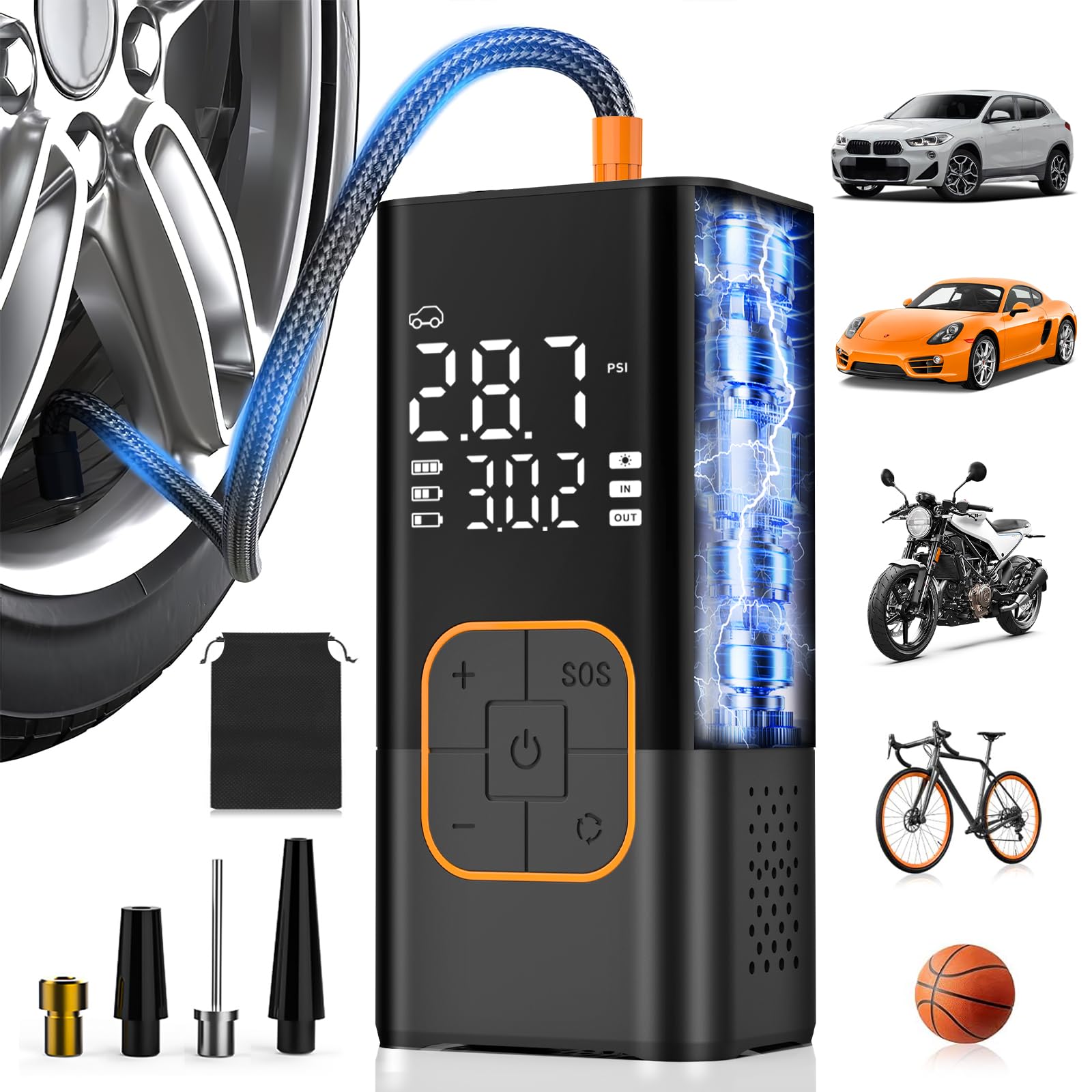 – Cordless Electric Tyre Inflator Air Compressor 150 PSI | Portable Bike & Car Tyre Pump with Digital Pressure Gauge, Dual Values Display, LED Light, for Car... — Syderuer