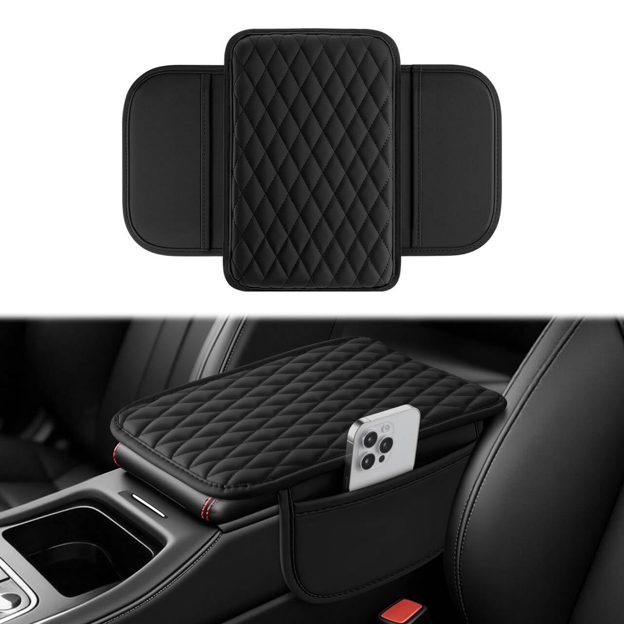 Amiss Car Center Console Cover, Upgraded Leather Car Armrest Cushion with 2 Storage Pockets, Universal Waterproof Cushion Pad, Non-Slip Car Interior Accessor... — Amiss