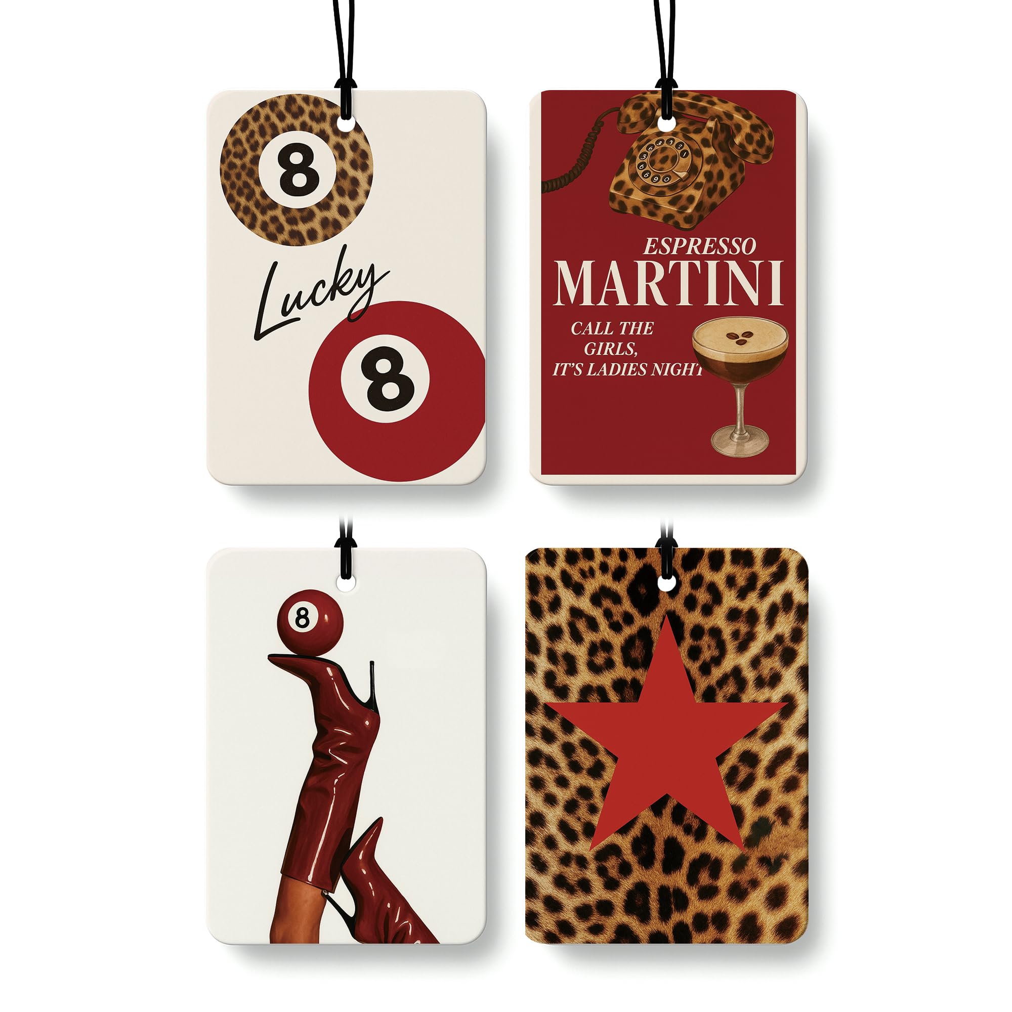 Trendy Red Leopard Print Car Air Freshener 4 Pcs, Funky Girly Cheetah Print Lucky 8 Ball Star Hanging Air Freshener for Cars Closet Drawer Books, Leopard Car...