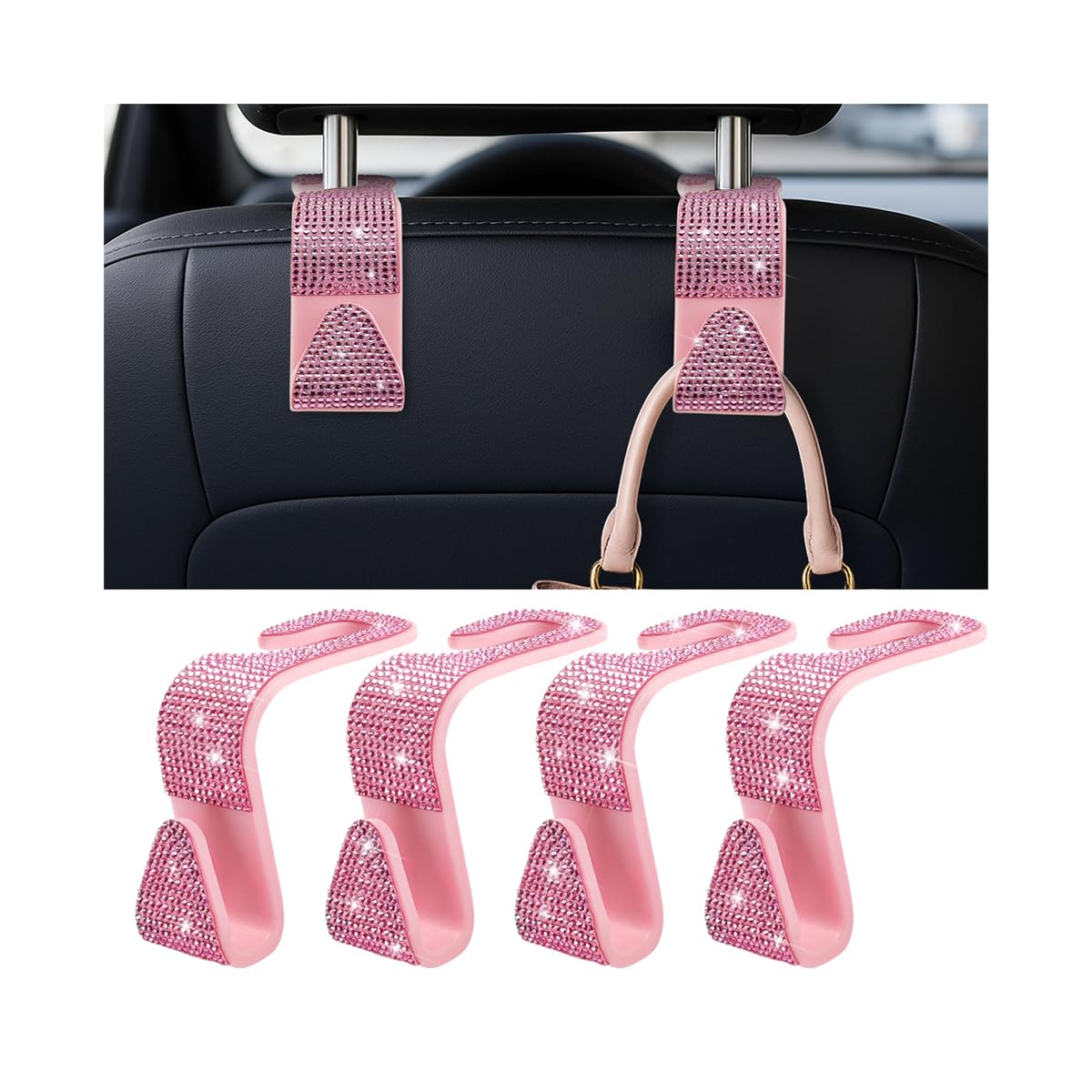 Zpana 4PCS Bling Car Seat Headrest Hooks, Crystal Rhinestones, Pink | Vehicle Back Seat Purse Handbag Hanging Holder, Crystal Diamond Design for Girls, Stora... — Zpana