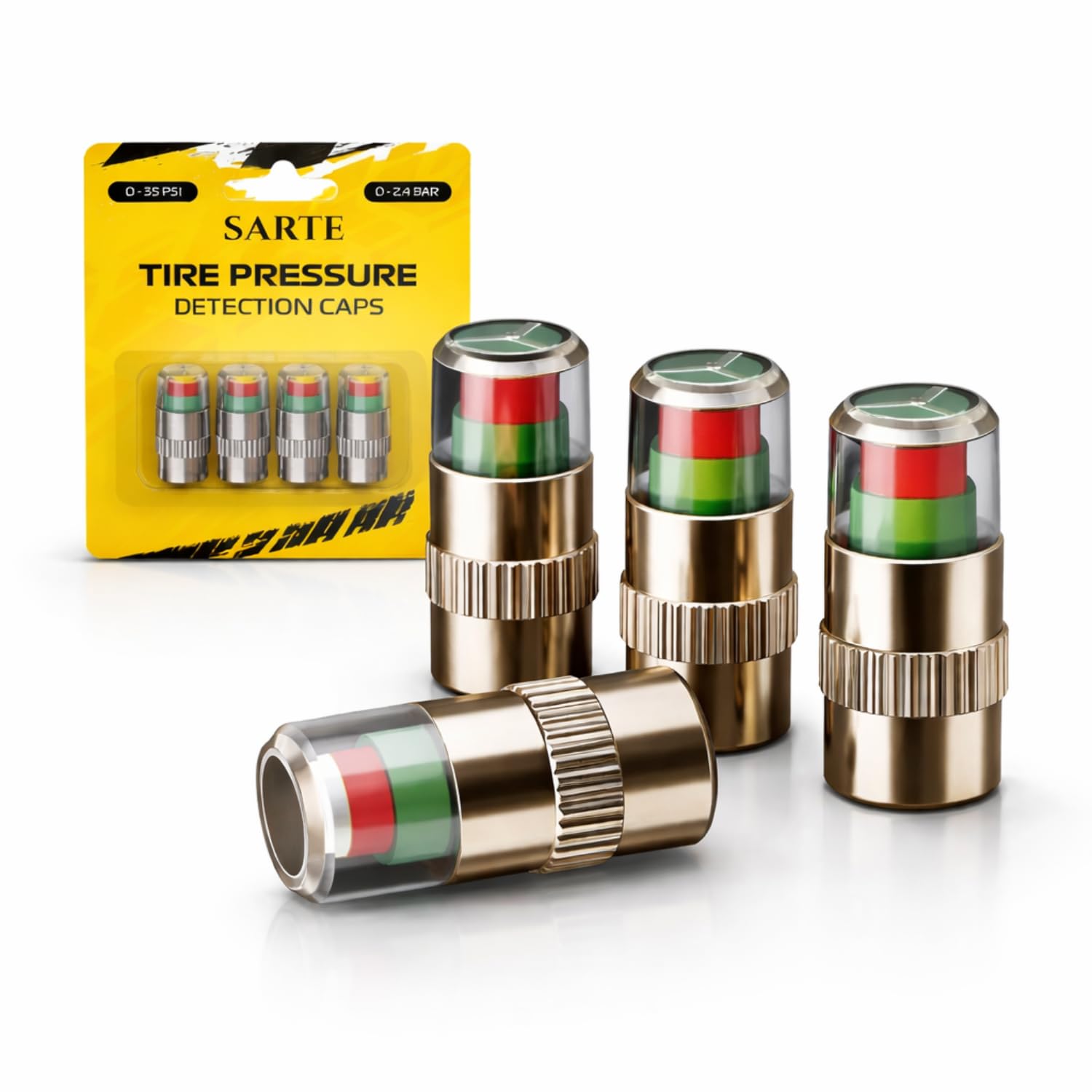 SARTE Car Tyre Pressure Indicator Valve Caps for Bikes & Cars Visual Air Pressure Alert (Green/Yellow/Red) Leak-Proof Design Universal Fit Pack of 4 — Sarte