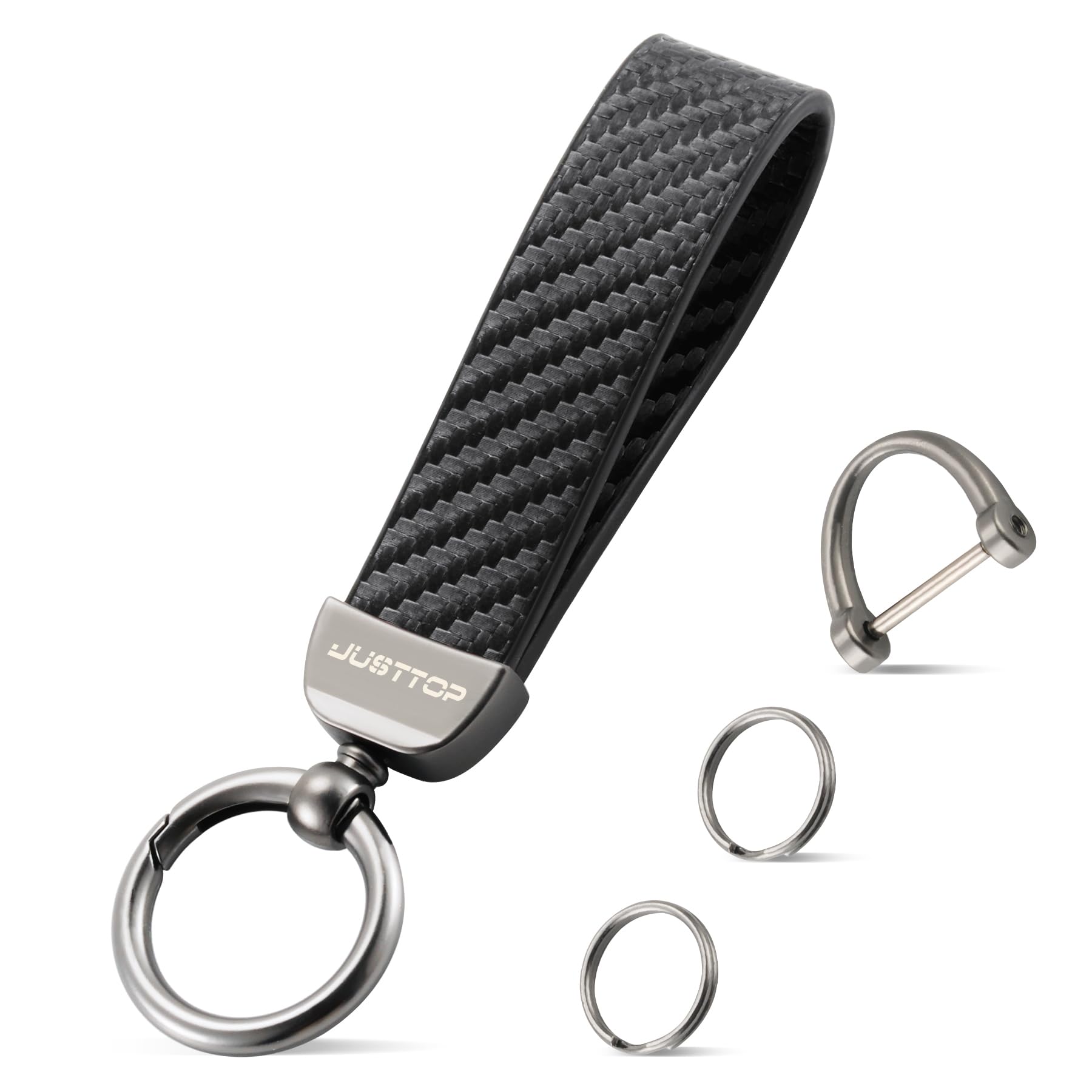 JUSTTOP Leather Keychain, Carbon Fiber Car Key Chain with Anti-Lost D-Ring and 2 Key Ring, Keychain Wristlet, Car Accessories, Universal Keychain for Men and... — Justtop