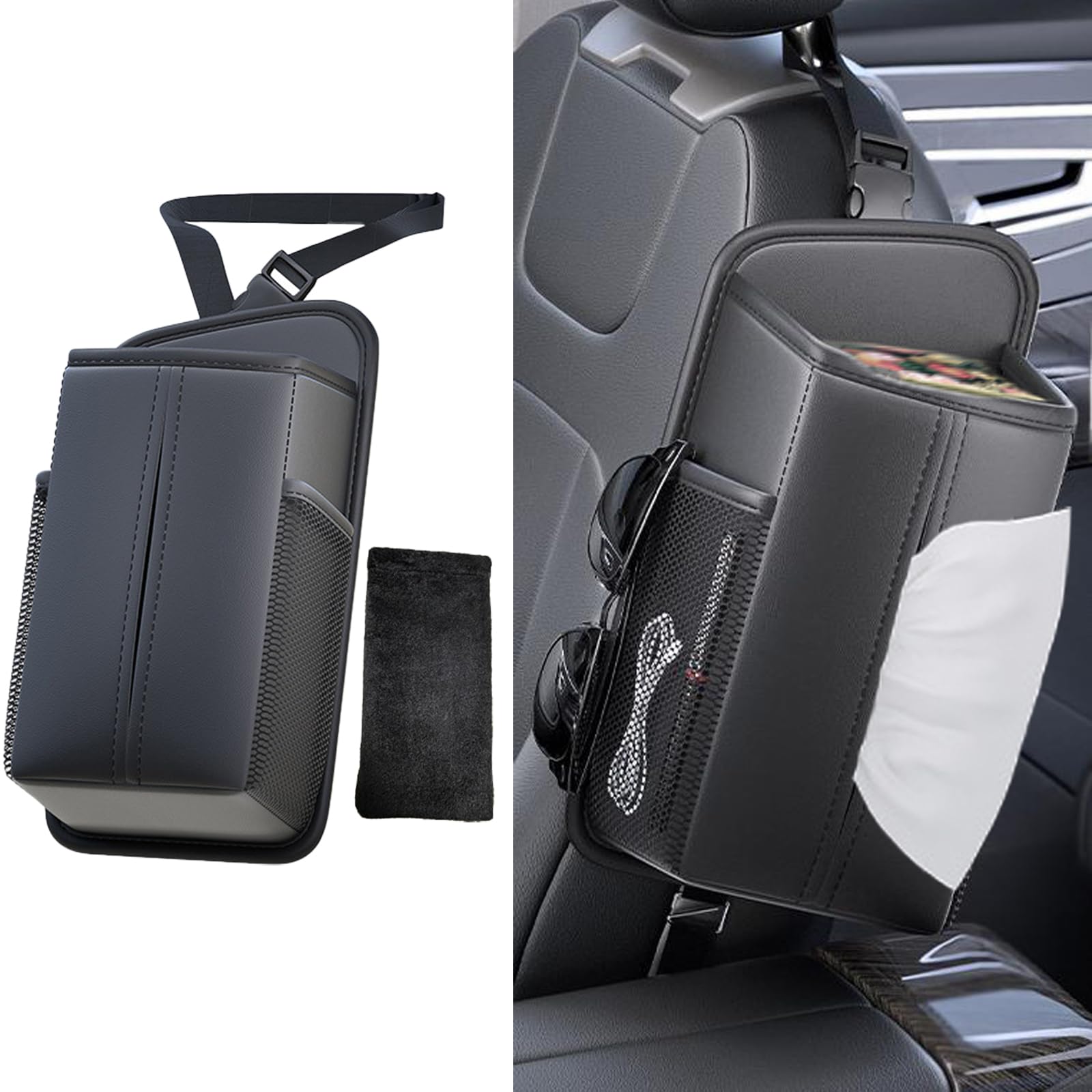 車用ティッシュケース 車 シートサイド ティッシュホルダー PUレザー 箱ごと入る 小物収納 サングラス収納袋付き カーアクセサリー — ブランド: Loxhgp