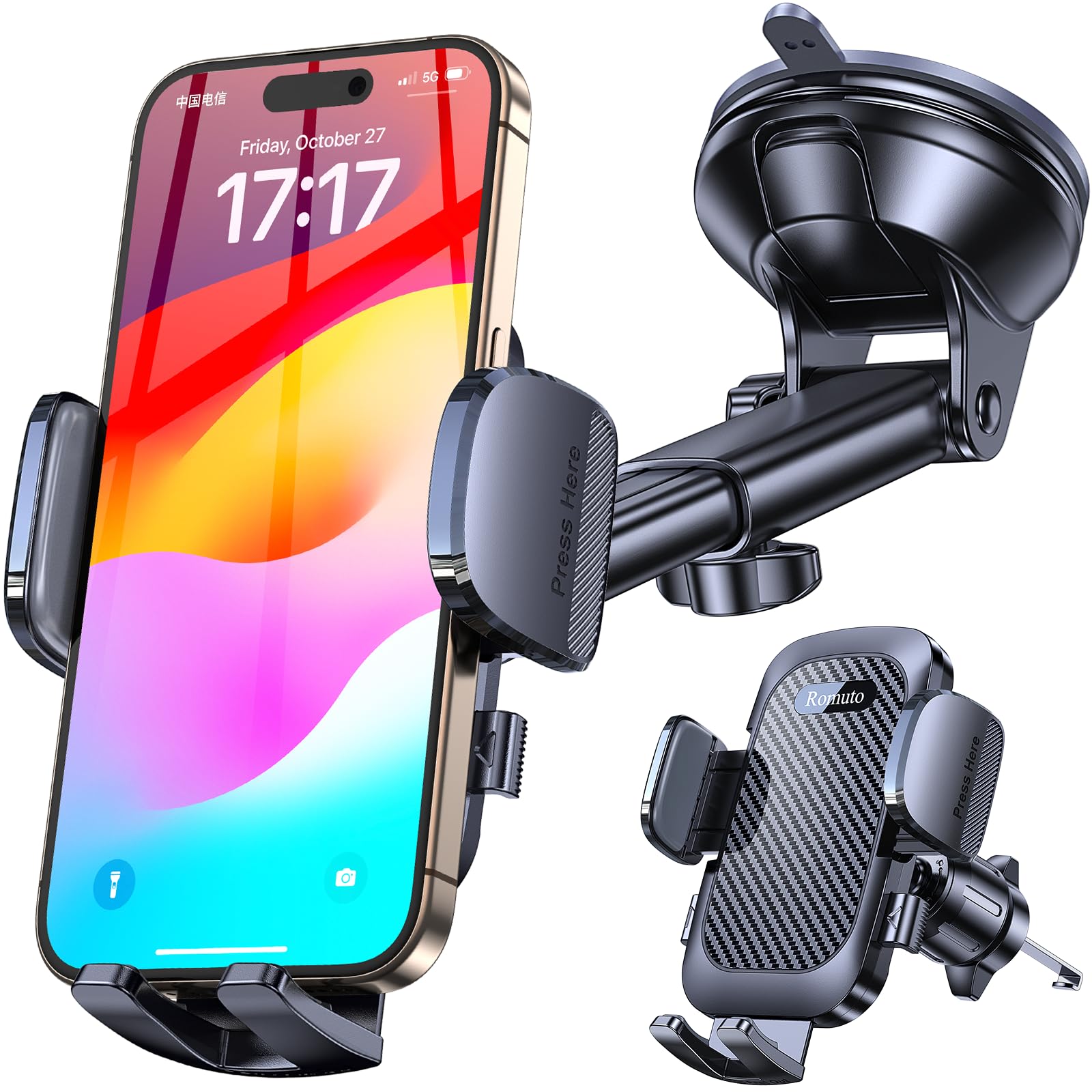 Romuto Car Phone Holder Mount【Strong Suction】Mobile Phone Holder for Cars Phone Mount for Car Vent/Windscreen/Dashboard Desktop Stand Phone Holder Van Car Ac... — Romuto