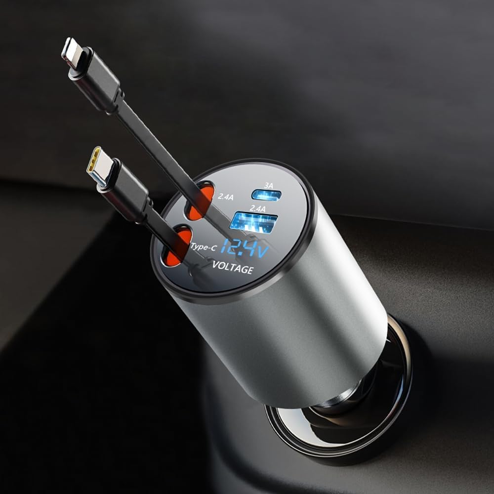 【車用電圧計搭載】 VIKNAN 巻き取り式充電ケーブル 車 充電器 タイプc シガーソケット 4台同時充電可能 車載充電器 カーチャージャー 急速充電 電圧表示 12V/24V対応 iPhone/Android対応 — Viknan