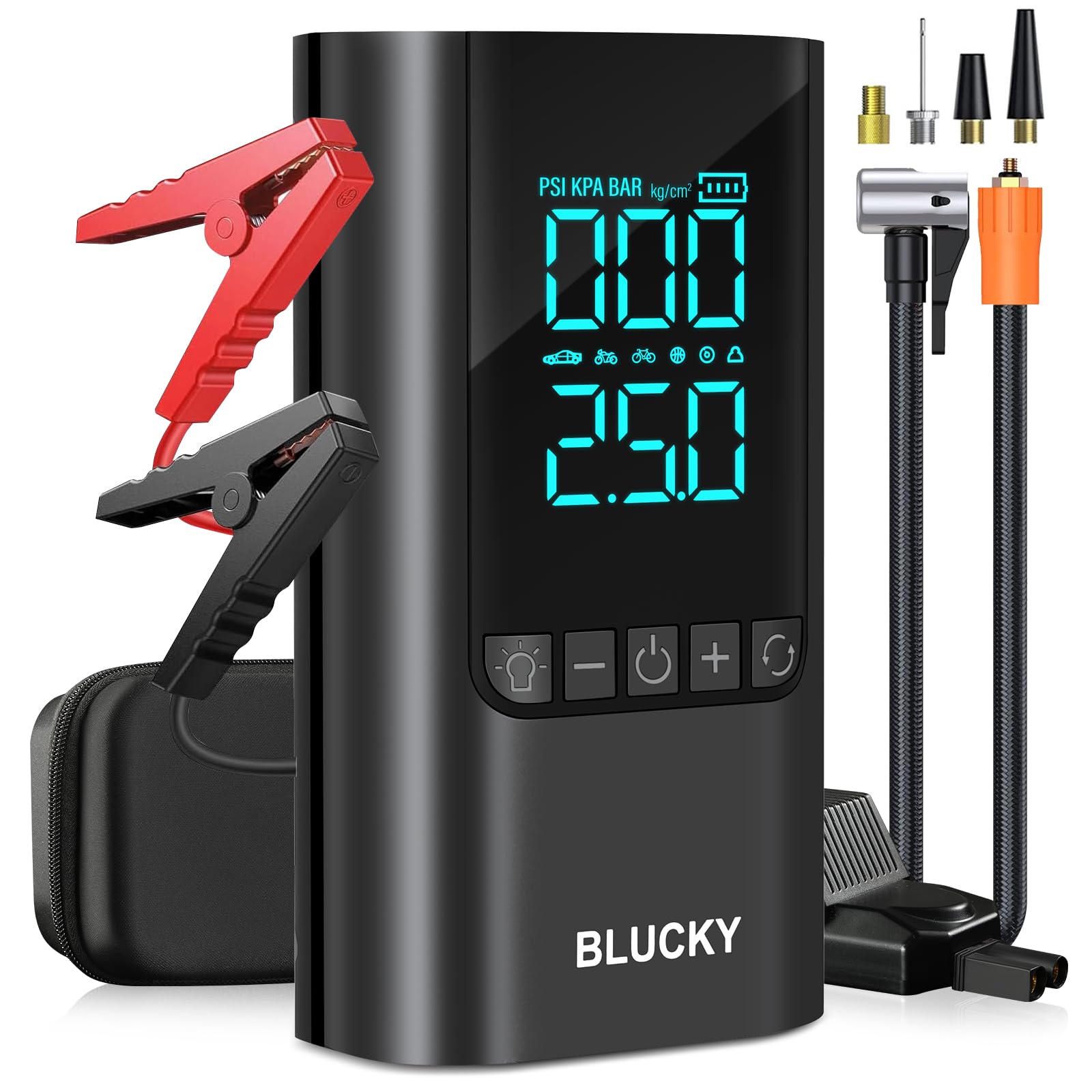 Jump Starter Power Pack with Air Compressor, 5000A with LCD Display | 20000mAh Car Battery Booster | 150 PSI Tyre Inflator, 45L/min | 8.5L Petrol/7.5L Diesel... — Blucky