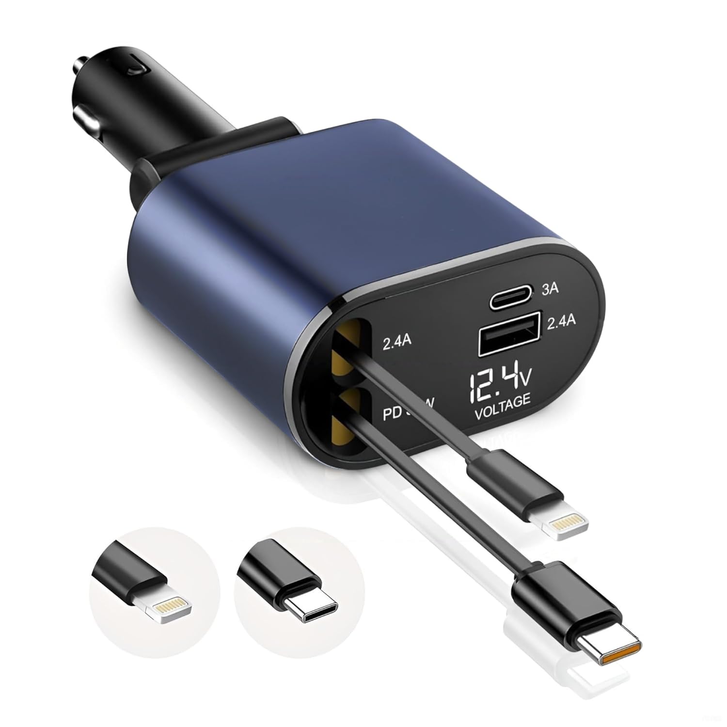 GadgetBite VOLT Car Charger 120 Watt 4 in 1 Charger with Retractable Cables & Dual Ports Type C cable and Lightning cable Super Fast Charger Compatible With... — Gadgetbite