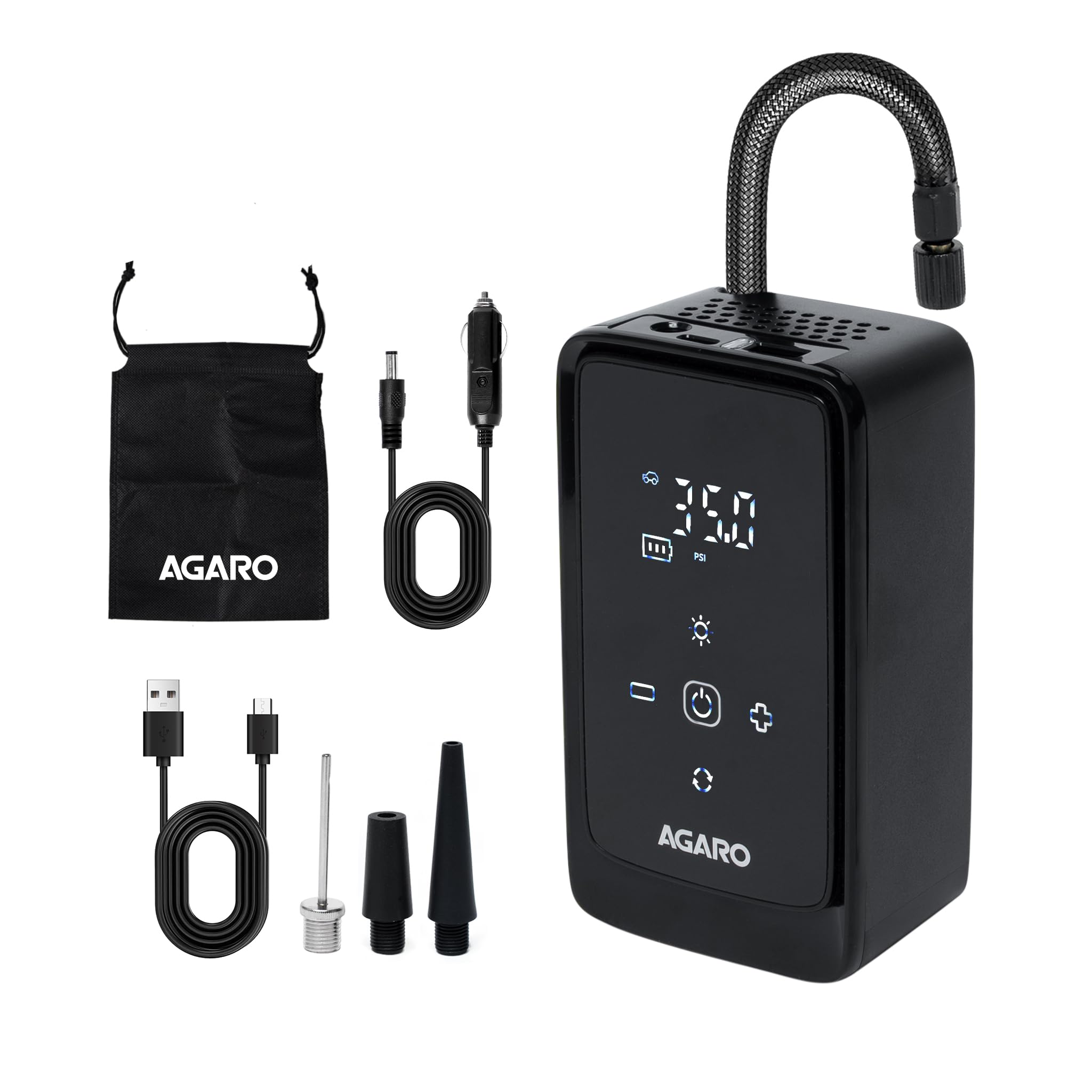 AGARO Atom Cordless Tyre Inflator, 150 PSI, 4500mAh Battery, Auto Shut-Off, Digital Display, LED Light, USB-C Charging, 12V DC Output, for Cars, Bikes, Balls... — Agaro