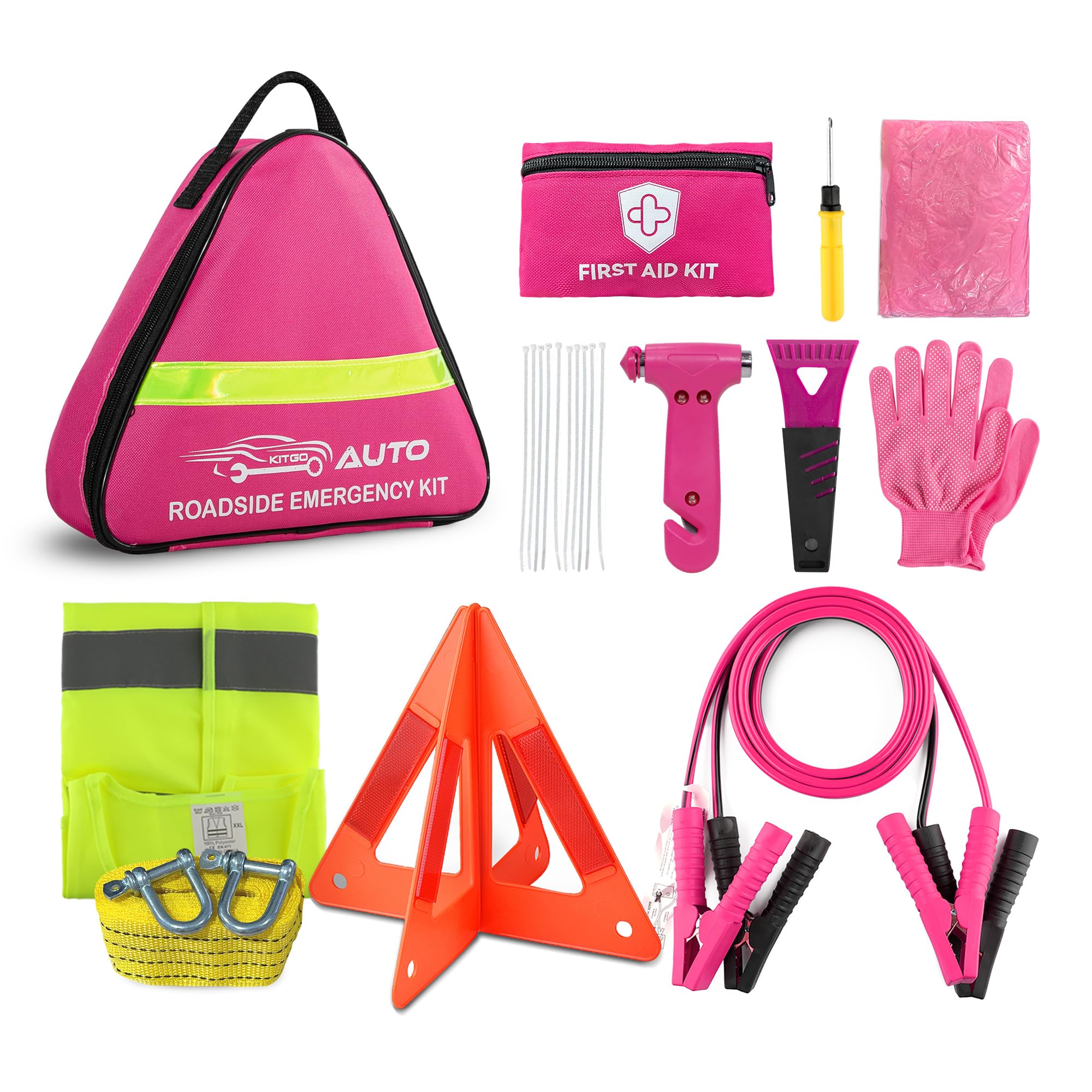 Pink Car Emergency Kit for Women & Girls, Emergency Roadside Assistance Set with Jumper Cables, First Aid Kit, Safety Hammer, Tow Rope and Stylish Pink Car T... — Kitgo