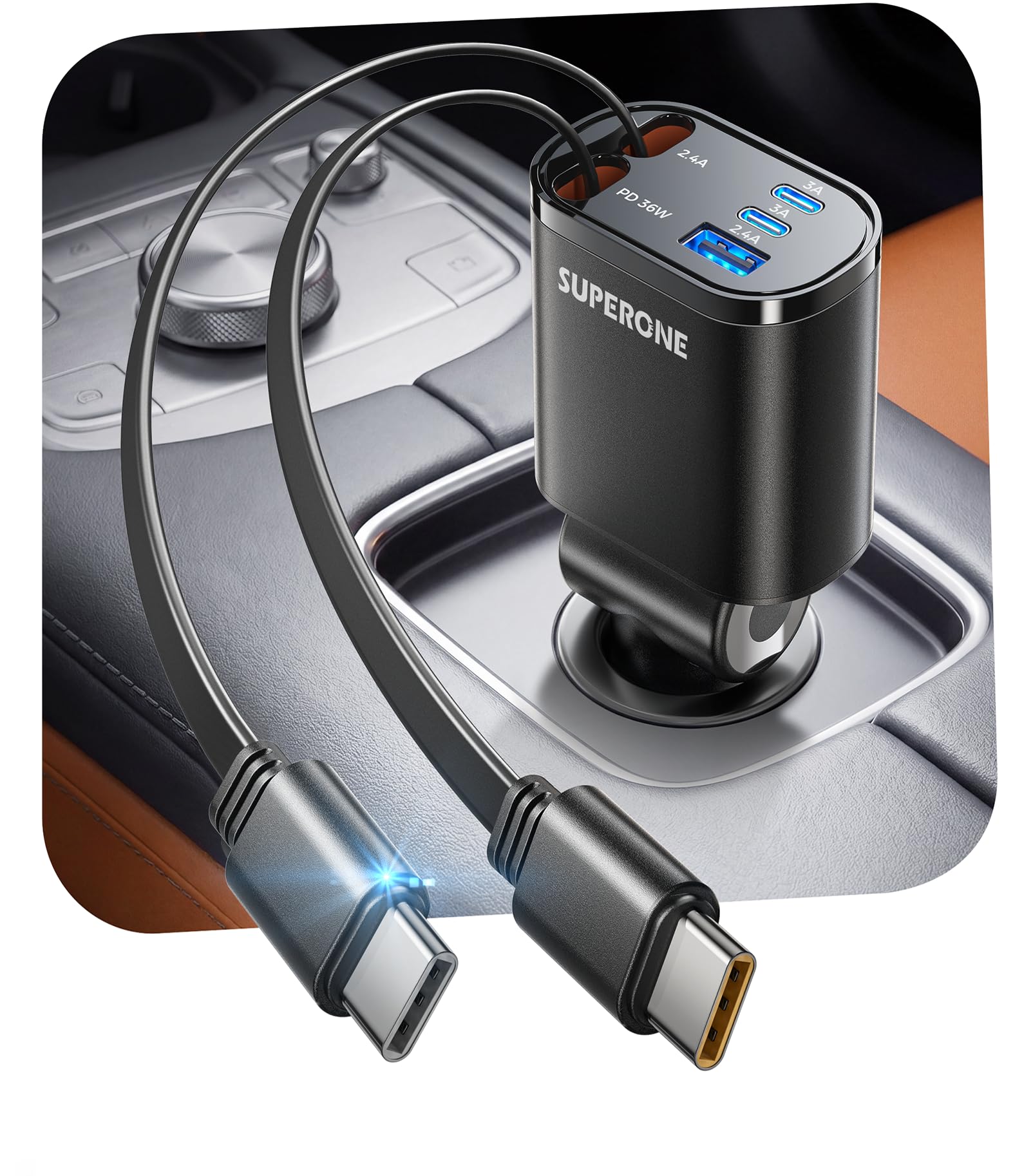 SUPERONE 90W Retractable Car Charger, Dual USB-C 5-in-1 Fast Charger, Black | Dual Retractable Type-C Cables Deliver 90W Fast Charging with USB-C and USB-A P... — Superone