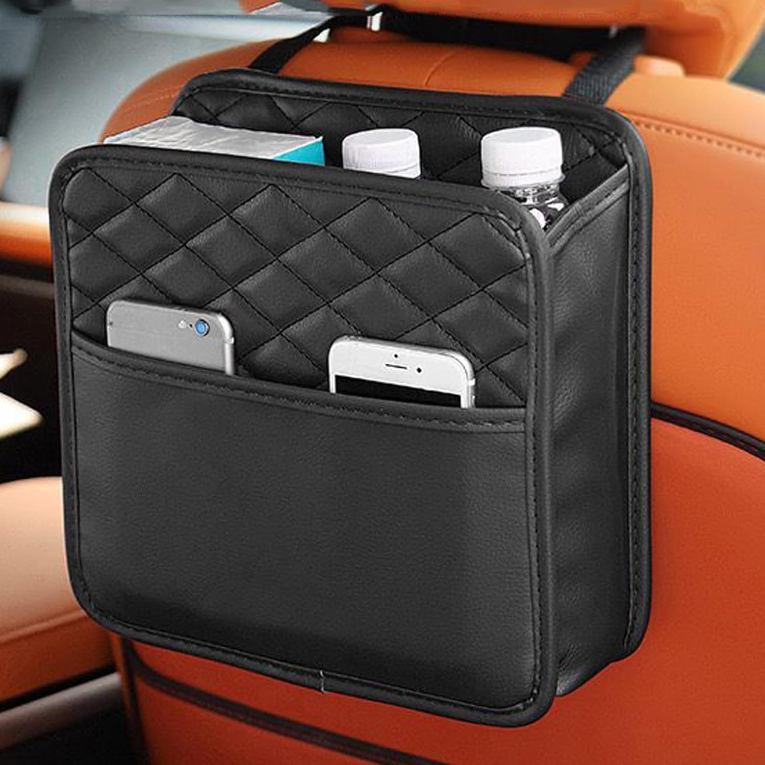 car back seat organizer with Headrest Strap, Quilted Black Hanging Storage Pocket for Car Interior