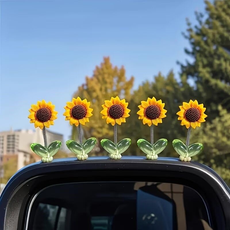 FIDEO Mini Sunflower Car Dashboard Decoration Set of 5 | Self-Adhesive Swing Bobble Head Resin Flowers | Removable Cute Car Interior Accessories for Dashboar...
