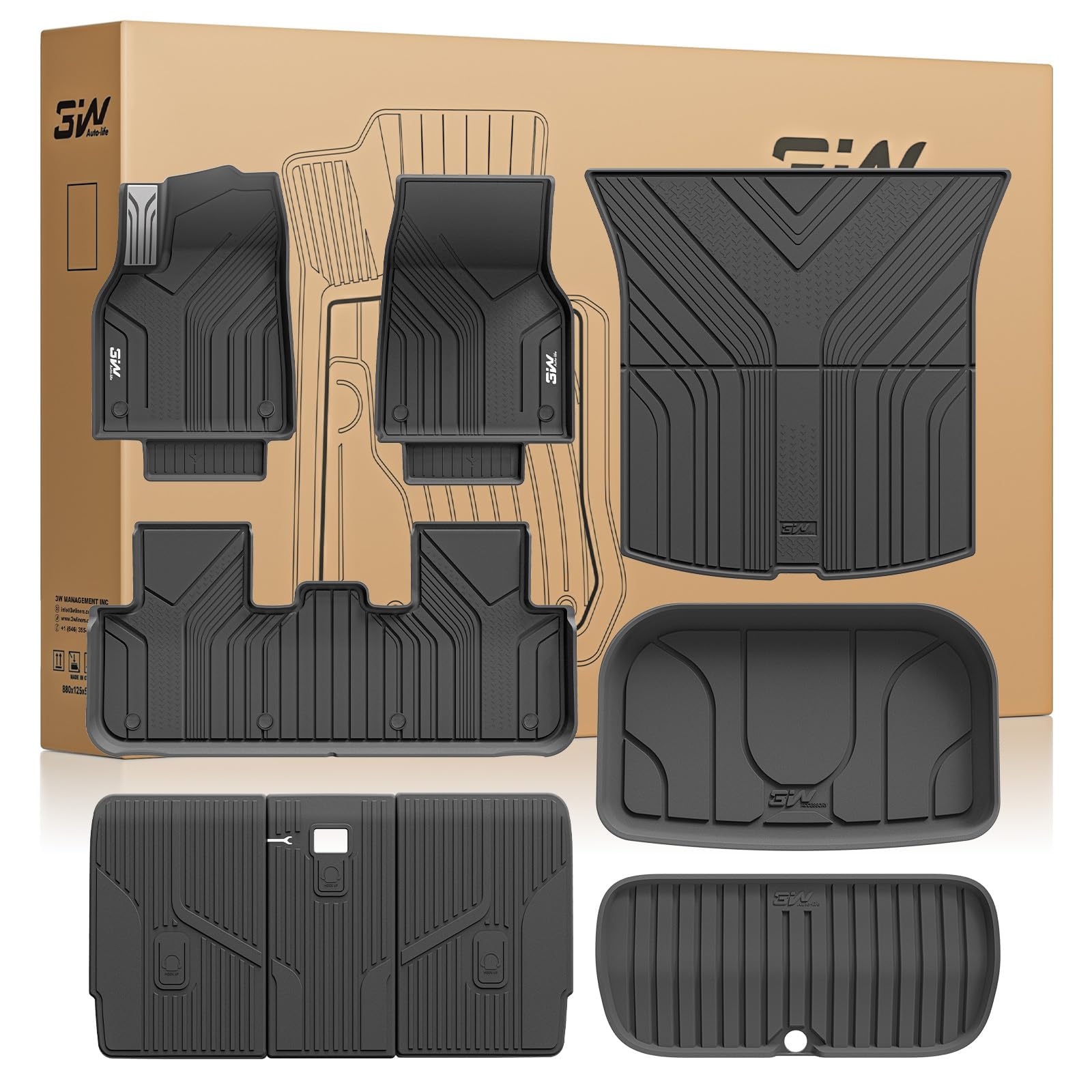 3W Tesla New Model Y Juniper 2025 2026 Floor Mats, Not for Standard | 9PCS, Cargo Liners, Trunk Mats, Seat Back Protector, All Weather Customer Fit Vigormold... — 3W