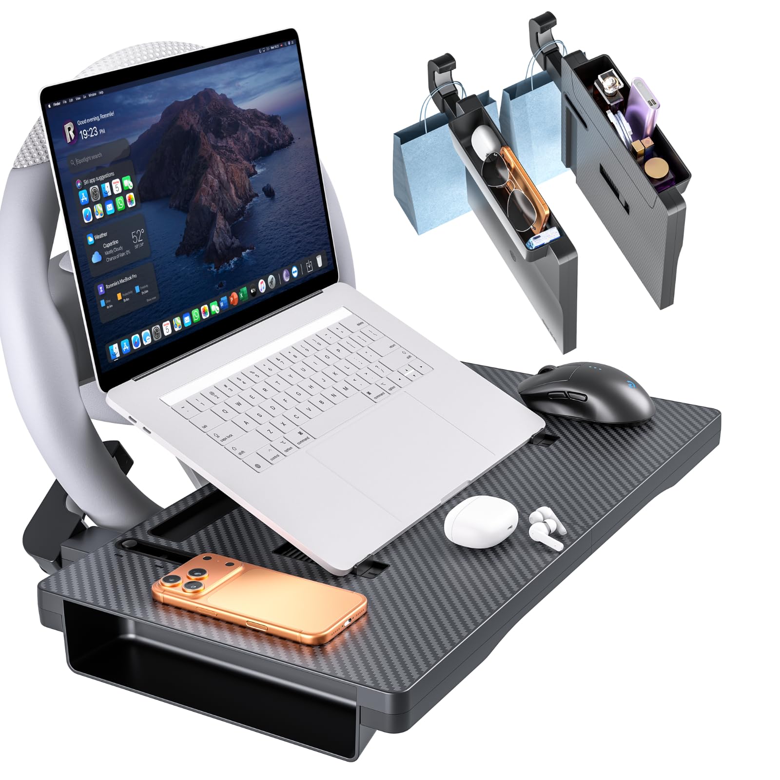 - 2-in-1 Car Steering Wheel Tray with Built-in Seat Gap Organizer