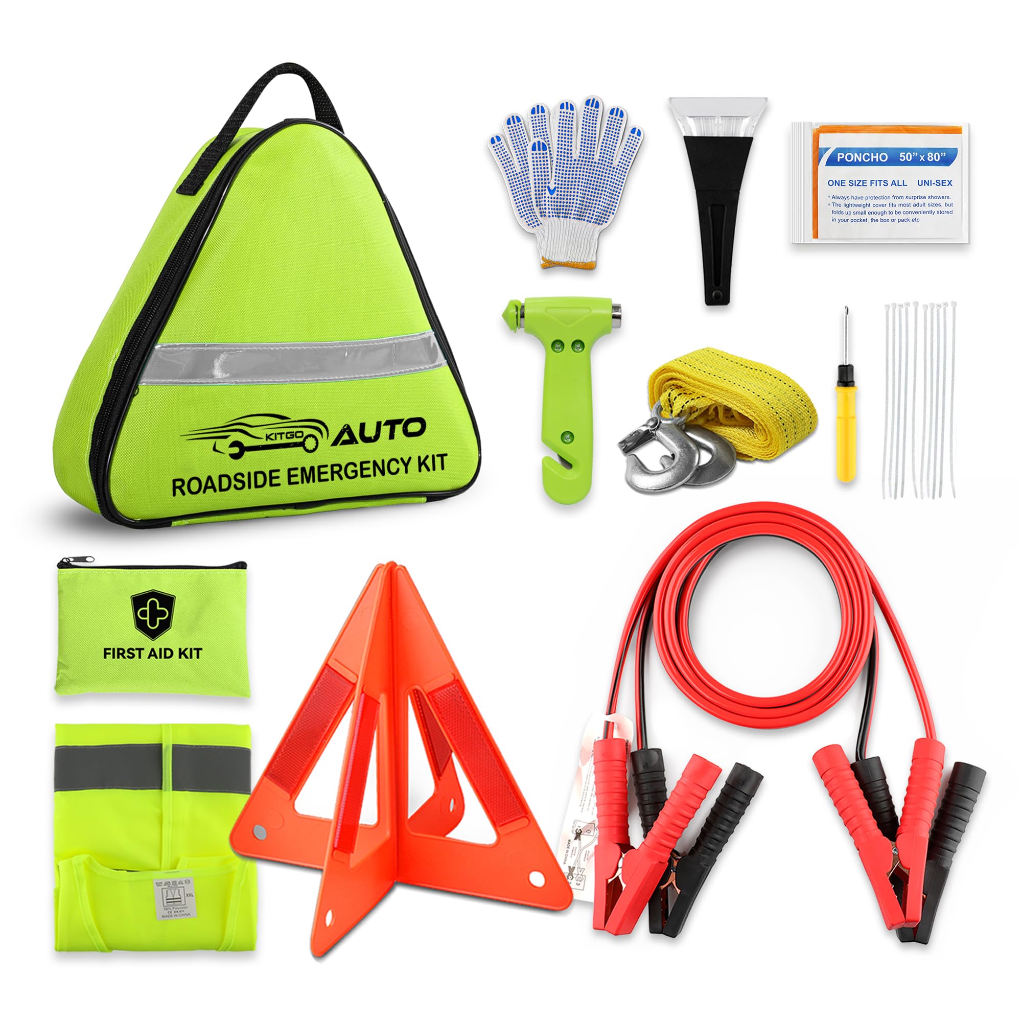 Car Emergency Kit for New Drivers | Essential Roadside Tools with Jump Leads, Tow Rope, Safety Hammer, Warning Triangle & Mini First Aid Kit (Bright Green)