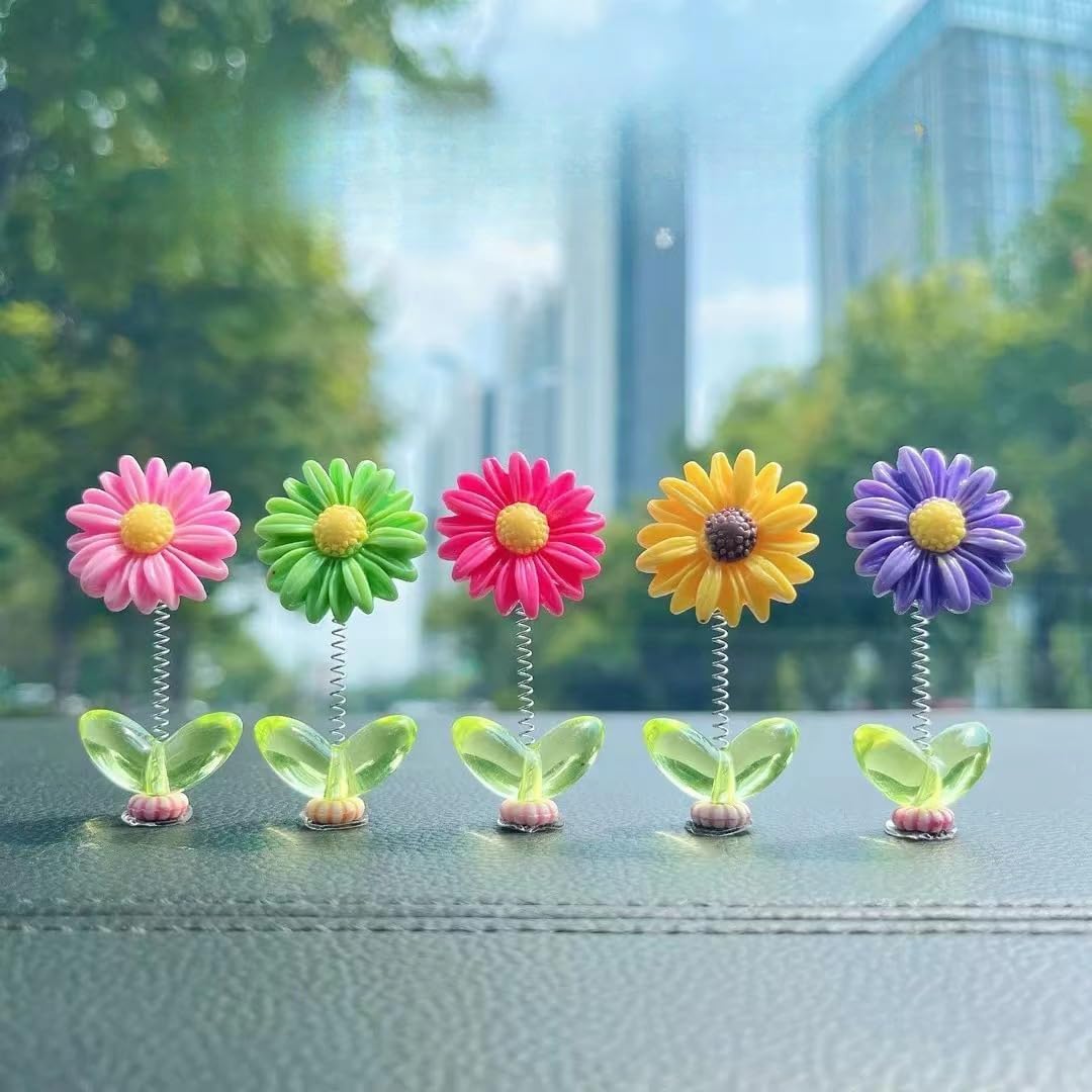 Resin Car Dashboard Decor Flower (5Pcs) | Cute Mini Shaking Head Dancing Sunflowers Car Interior Decoration Accessories | Mirror Decorative Ornaments| (Multi...