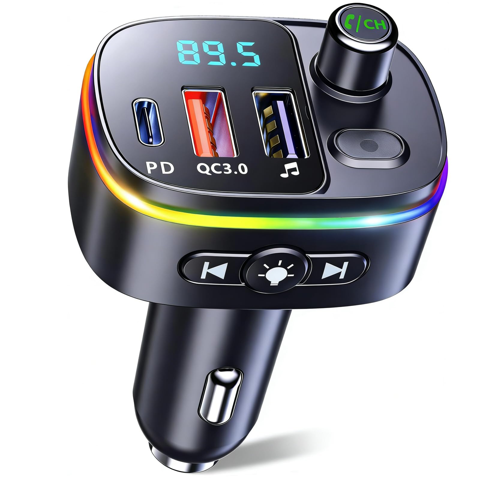 FMトランスミッター Bluetooth5.4 車載 PD 30W急速充電 車載充電器 3つポート USB &Type-C Uディスク対応 重低音モード Siri&Google Assistant対応 ハンズフリー通話 7色LEDライト12V-24V車対応 電圧測定