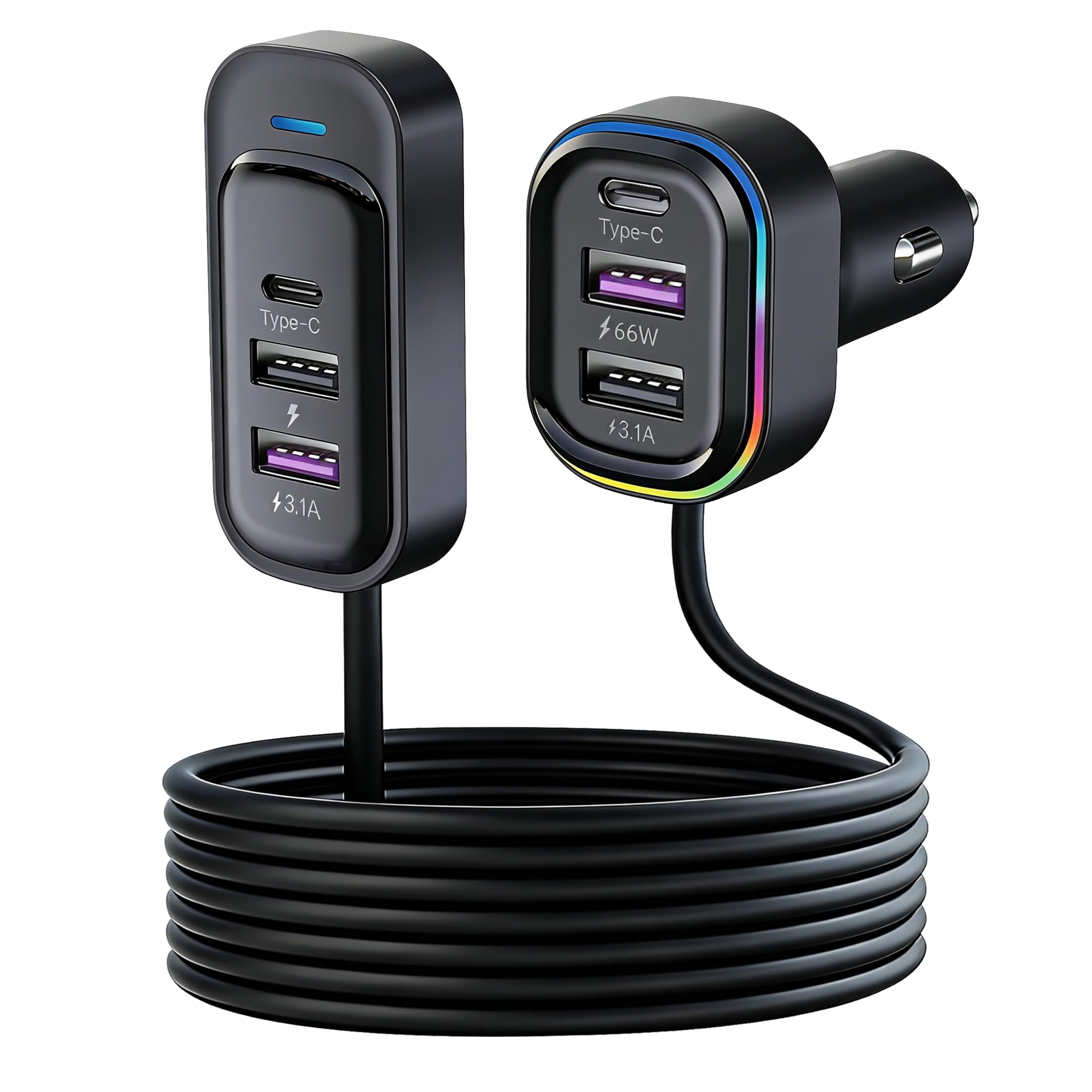 Car USB Charger，6-Port, 18W+15W, QC 3.0 Fast Charging, 1.5m Extension Cable | Intelligent Power Management, Colourful LED Light & 6-Layer Safety Protection — Izyuf
