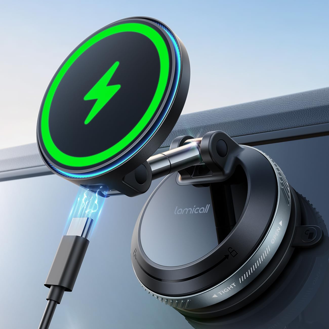 Lamicall for MagSafe Car Mount Charger, 15W Magnetic Wireless Car Charger, 70 Lbs Vacuum Suction Cup Phone Mount 360° Adjustable with Dual USB-C Ports, for i... — Lamicall
