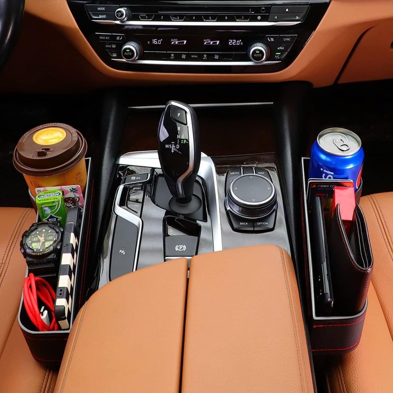 Car Seat Gap Filler Organizer with Cup Holder – PU Leather Car Seat Gap Organizer Storage Box with Charging Hole, Anti-Drop Car Seat Storage Pocket for Phone...