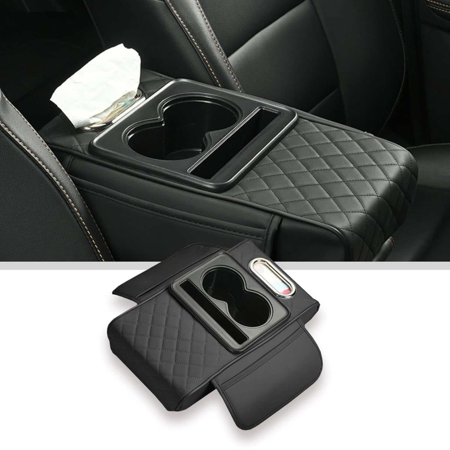Car Center Console Armrest Organizer Pad with Dual Cup Holders, Phone Slot, Tissue Holder, Quilted Black Finish, Center Console Storage Tray for Car Interior... — Gk Elite