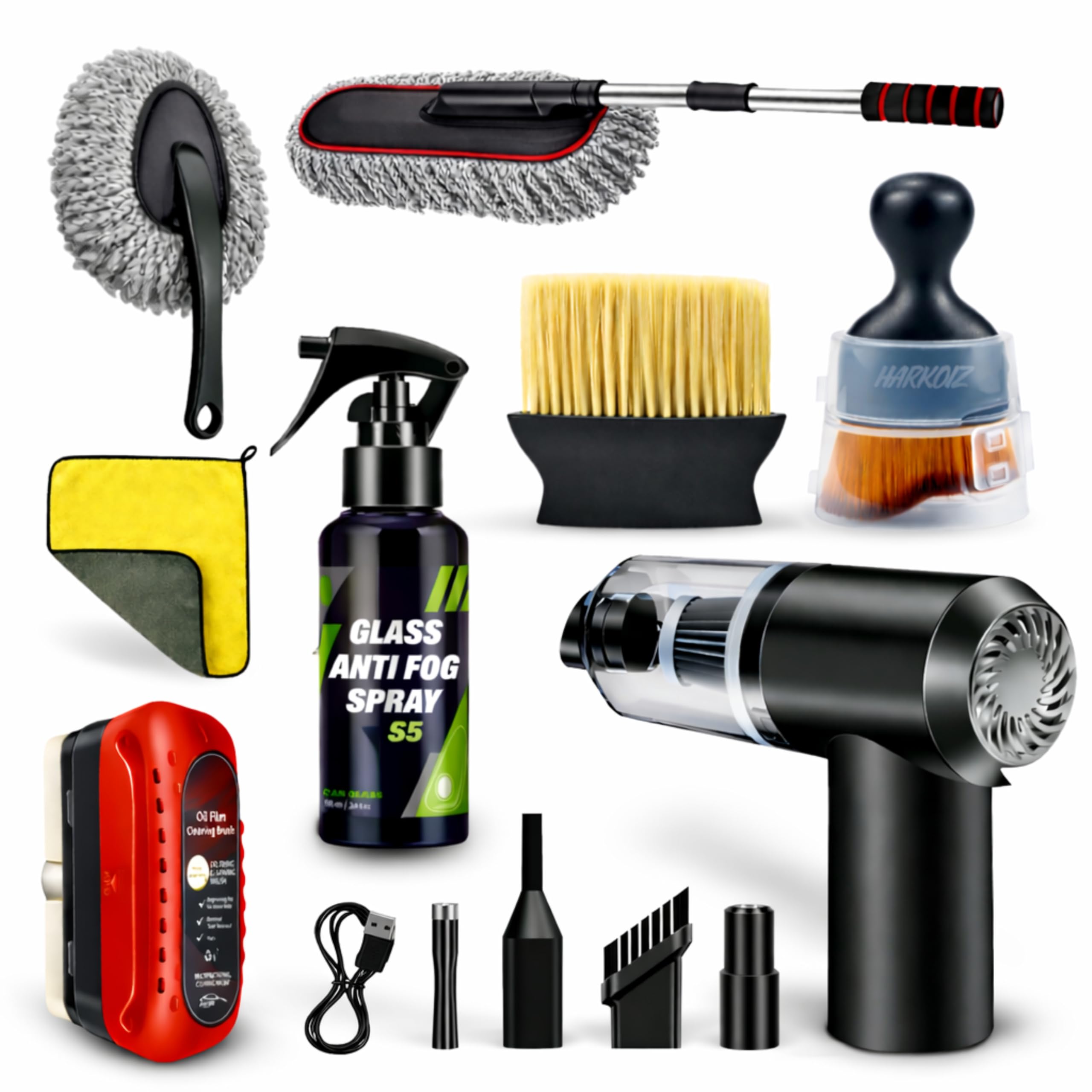 8 Pcs Car Combo Kit with 3-in-1 Mini Vacuum Cleaner, Microfiber Cloth, Duster, Wheel Brush, Anti-Fog Spray & Glass Cleaning Tools (8 in 1 Car Combo) (Multico... — Harkoiz