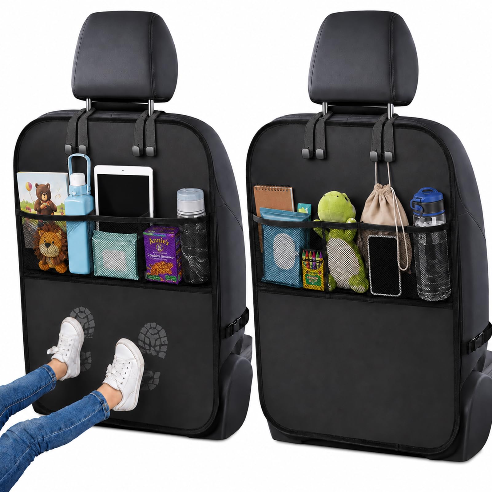 2PCS Waterproof Anti-Kick Universal Car Seat Back Protector Mats | 3 mesh storage pockets, 2 hooks, 60x45cm, scratch stain resistant, waterproof, fits sedans...
