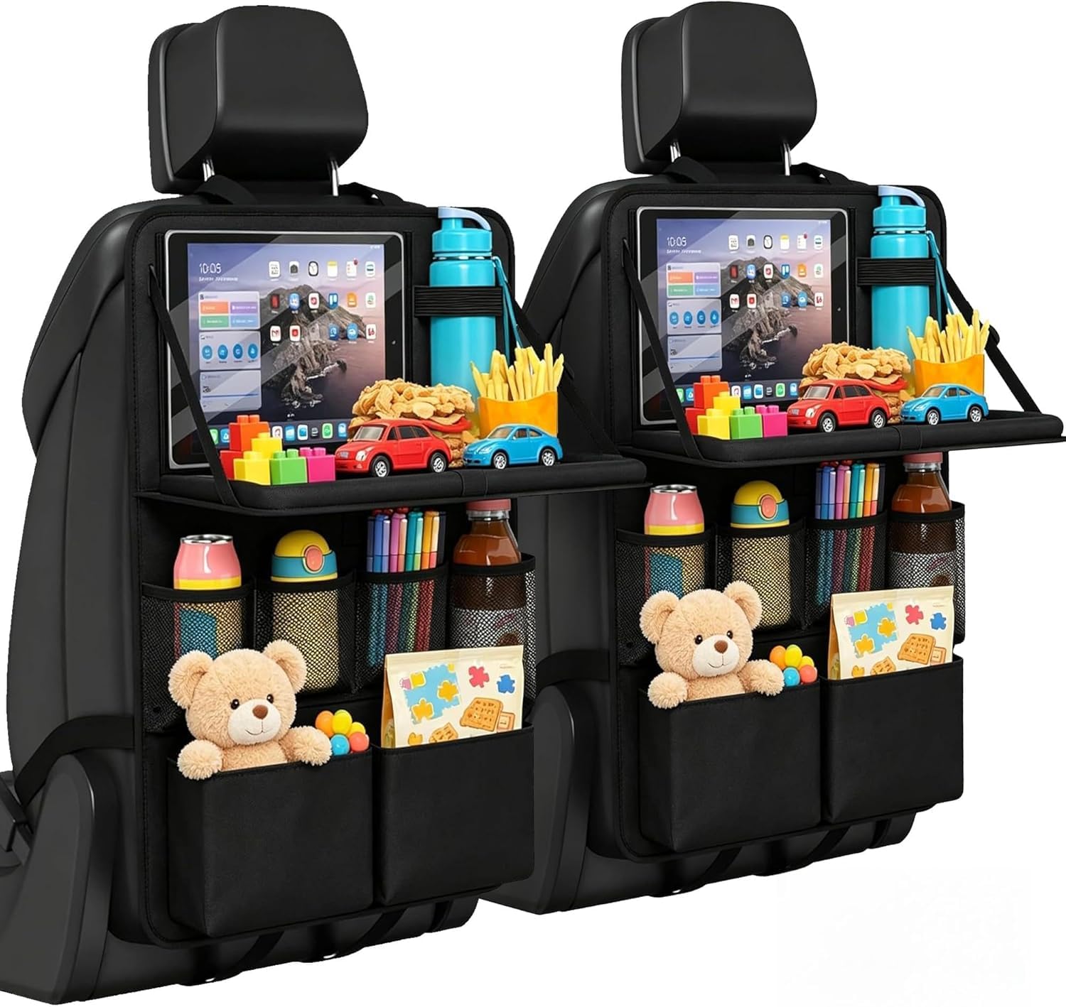 2Pack Car Seat Organiser with Fold Down Tray&Tablet Holder (Black) | 2-Pack Value | Fold-Down Tray | Tablet Holder | Multi-Pocket Storage | Easy-Clean Grey D...